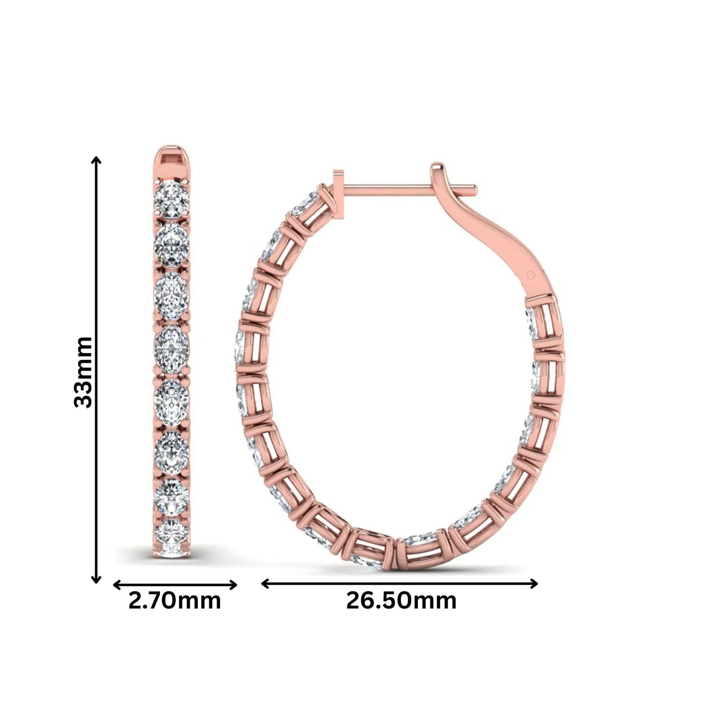 Oval cut lab grown diamond inside-out hoop earrings featuring shared prong settings, hinged snap closure, and rose gold tone design.
