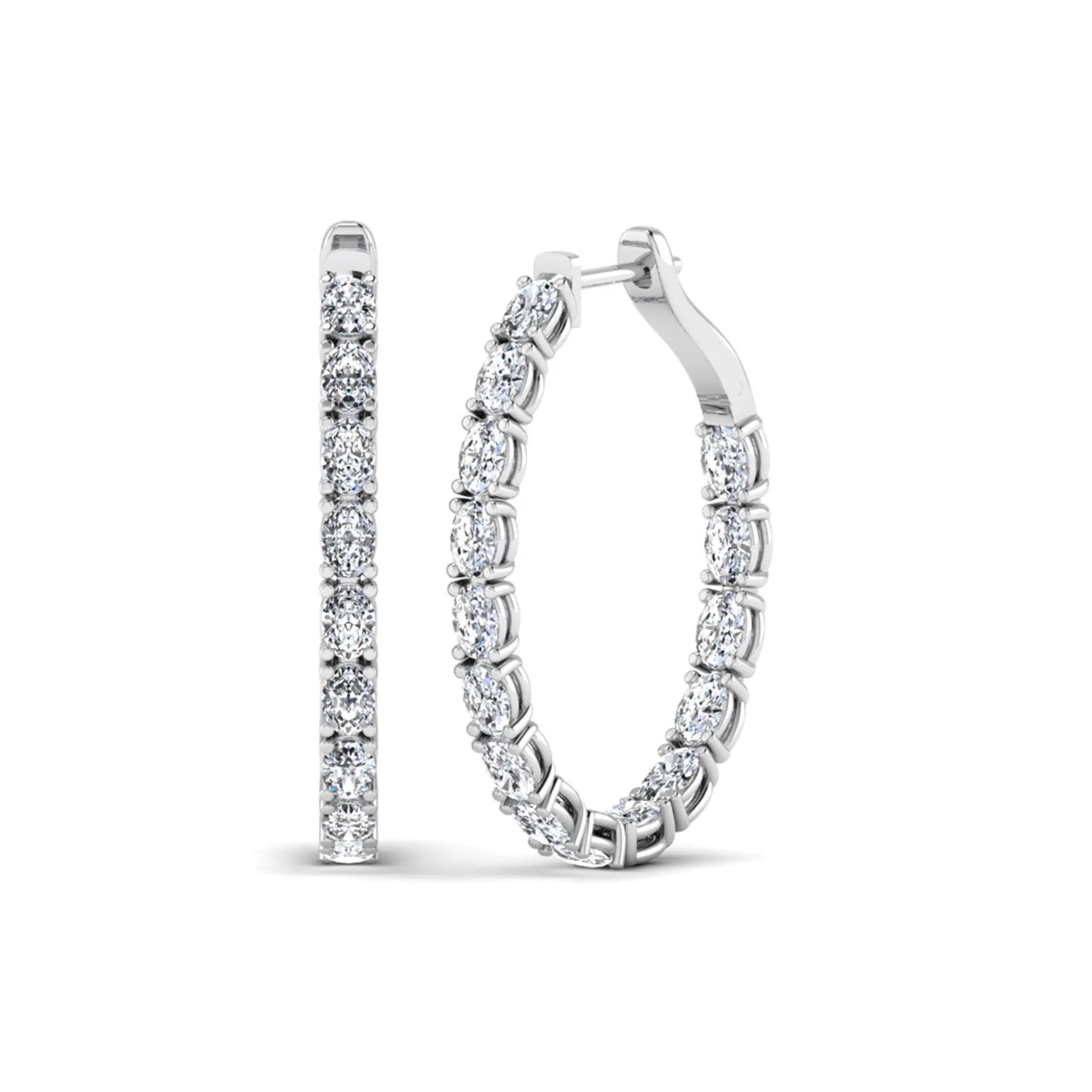 Oval cut lab grown diamond inside-out hoop earrings featuring shared prong settings, hinged snap closure, and white gold tone design.