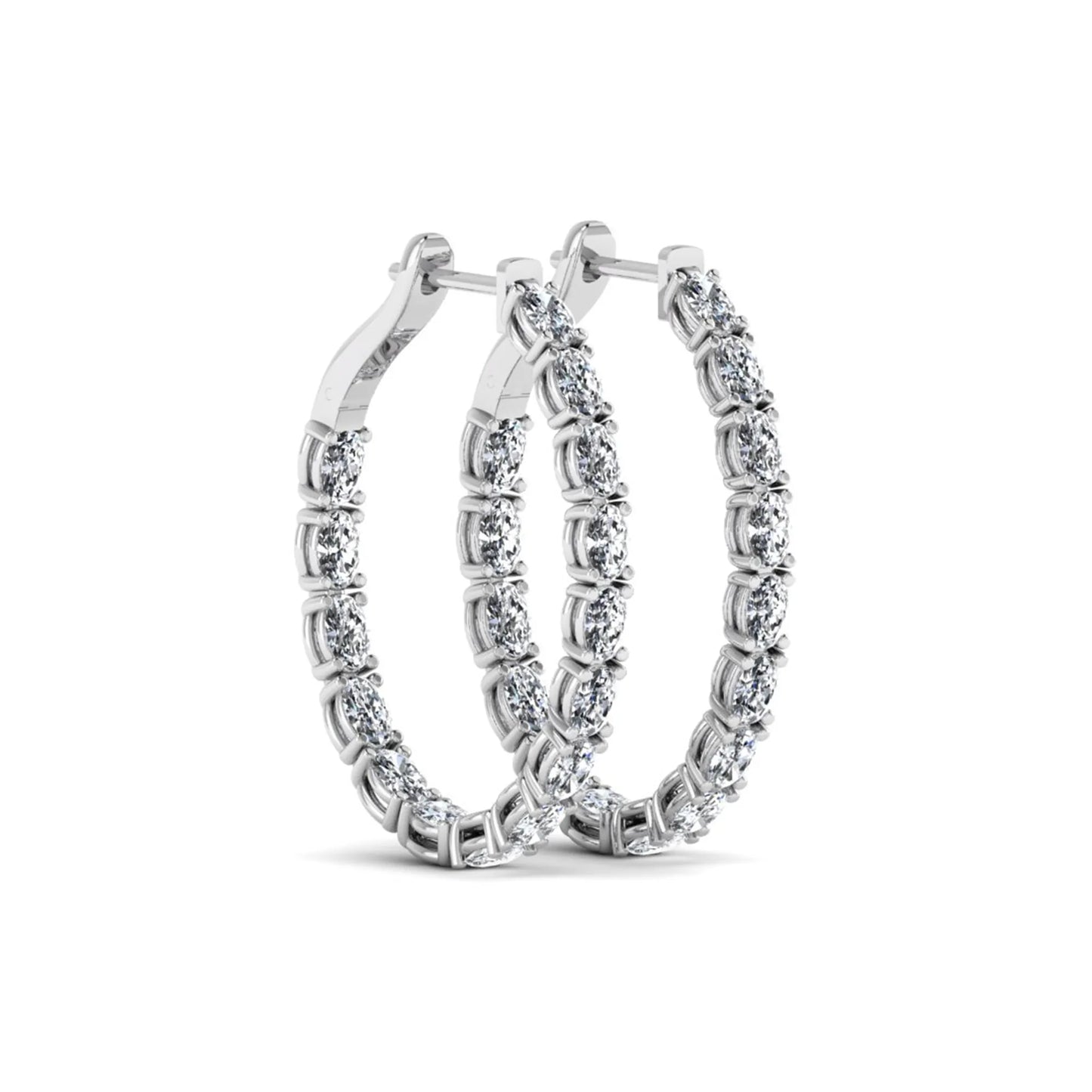 Oval cut lab grown diamond inside-out hoop earrings featuring shared prong settings, hinged snap closure, and white gold tone design.