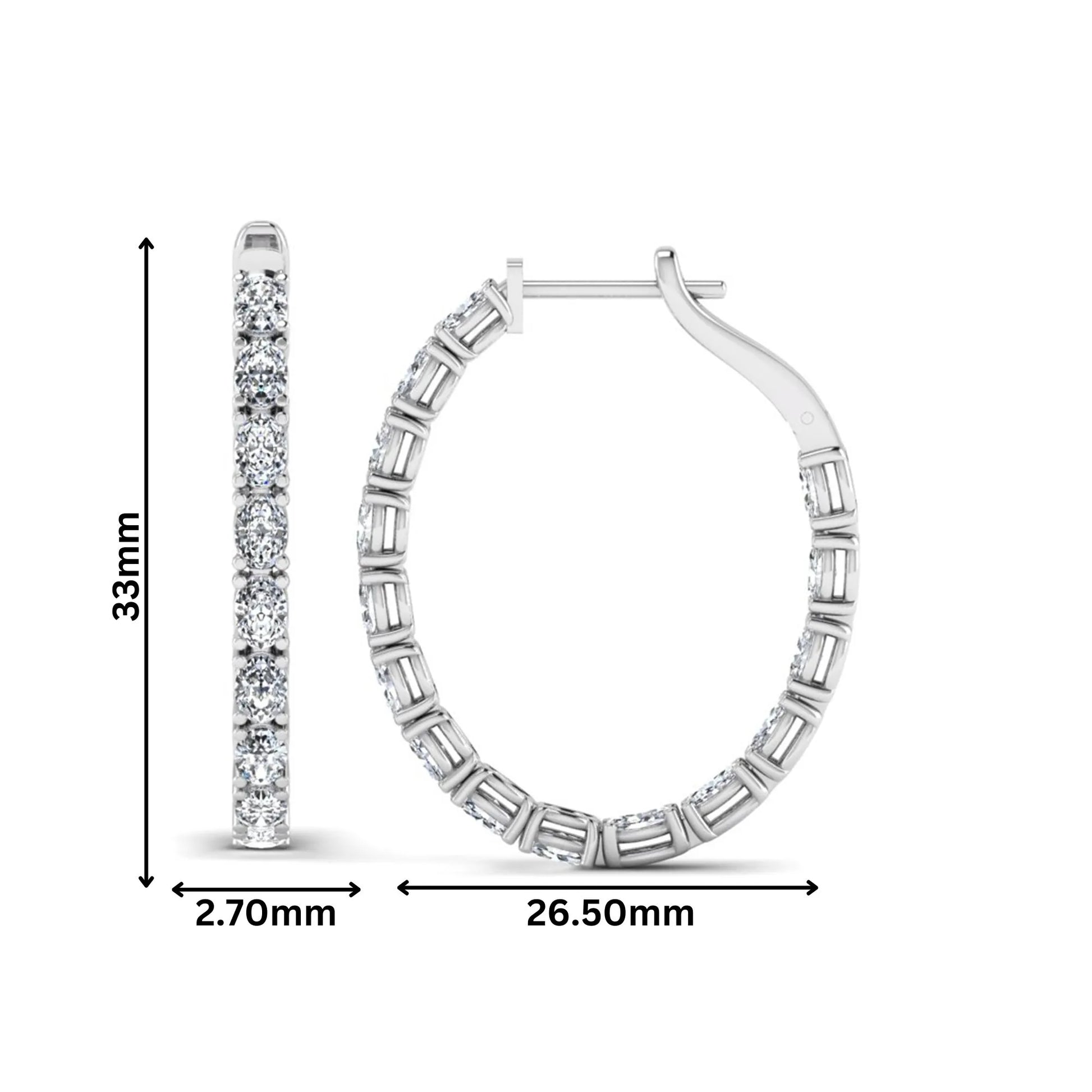 Oval cut lab grown diamond inside-out hoop earrings featuring shared prong settings, hinged snap closure, and white gold tone design.
