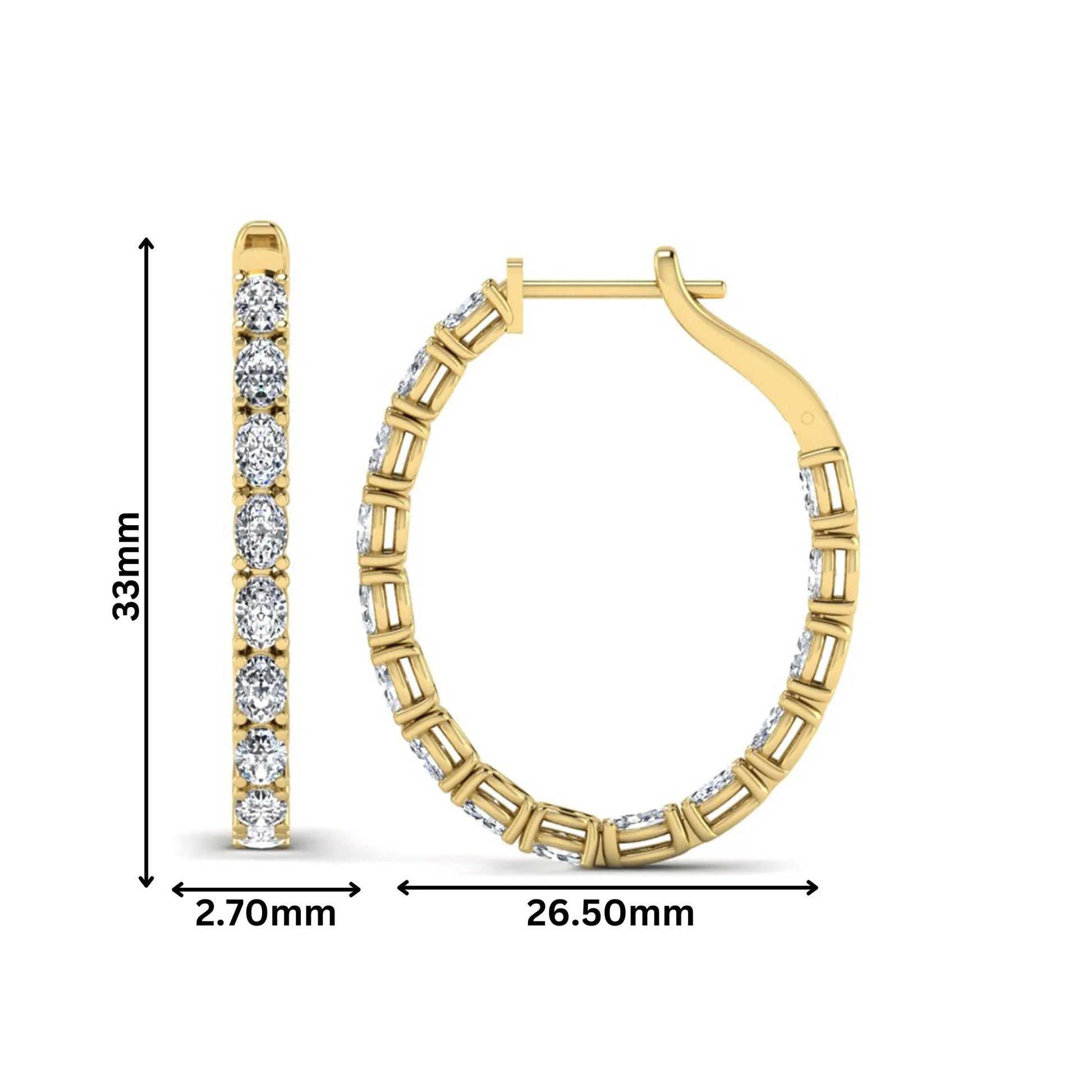 Oval cut lab grown diamond inside-out hoop earrings featuring shared prong settings, hinged snap closure, and yellow gold tone design.