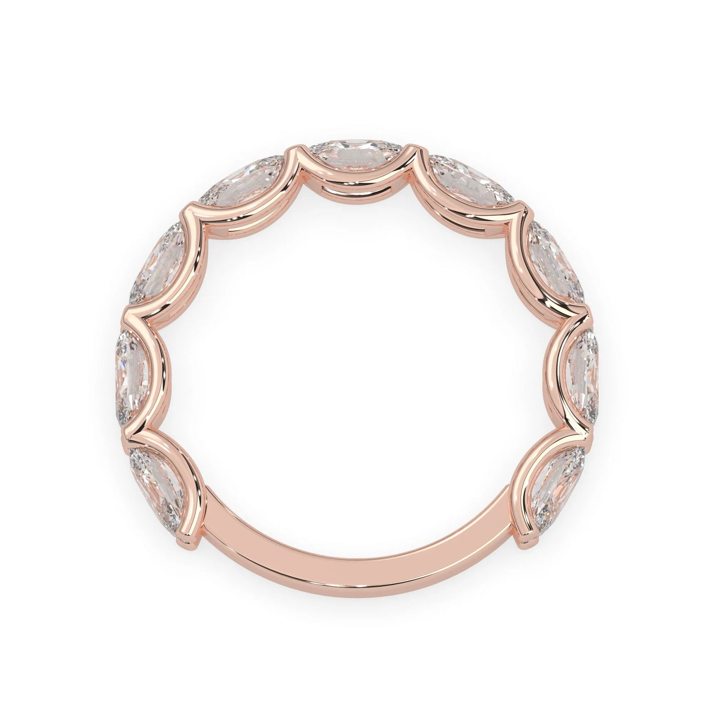 Oval lab grown diamond half eternity wedding band in a selected metal color with shared prong setting in rose gold