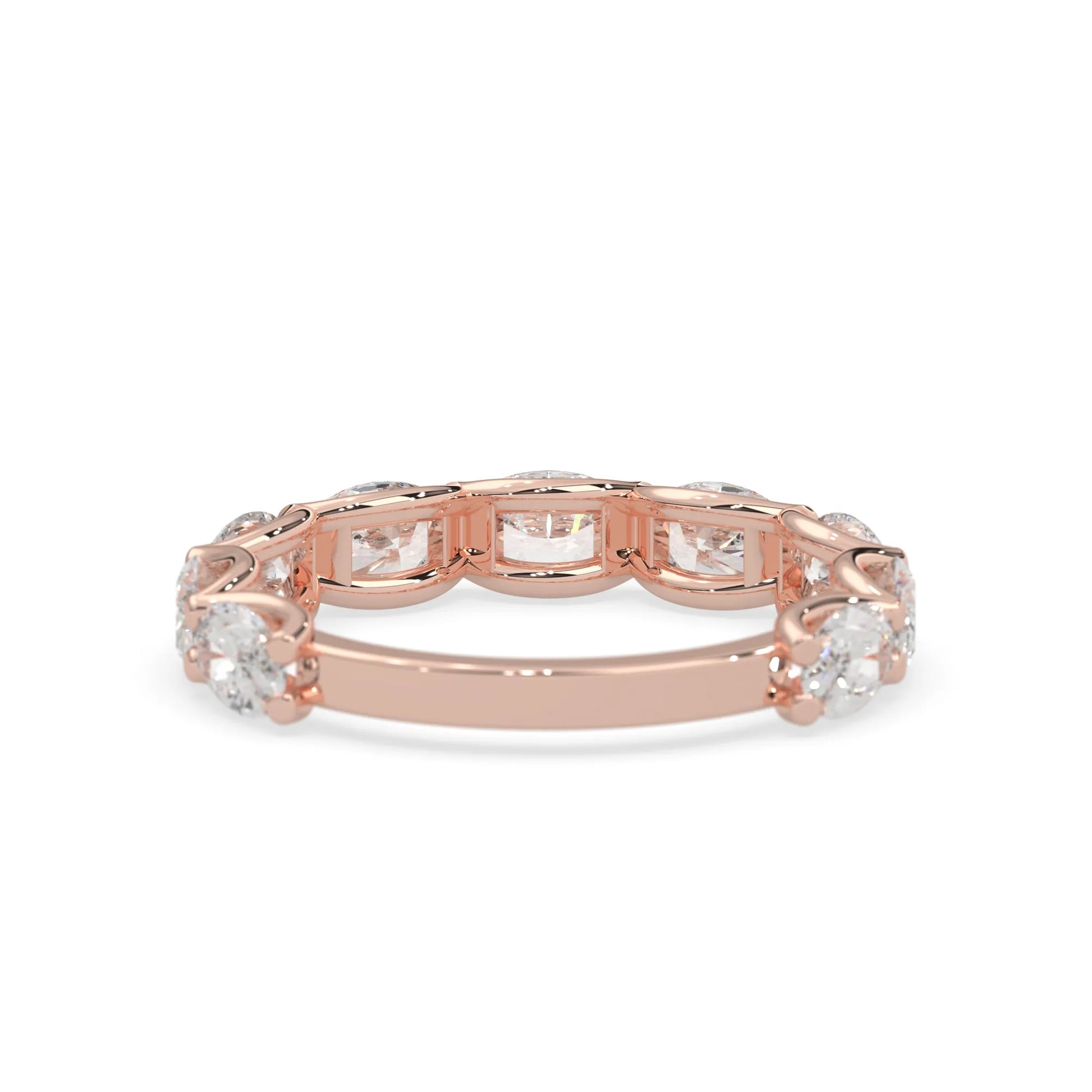 Oval lab grown diamond half eternity wedding band in a selected metal color with shared prong setting in rose gold
