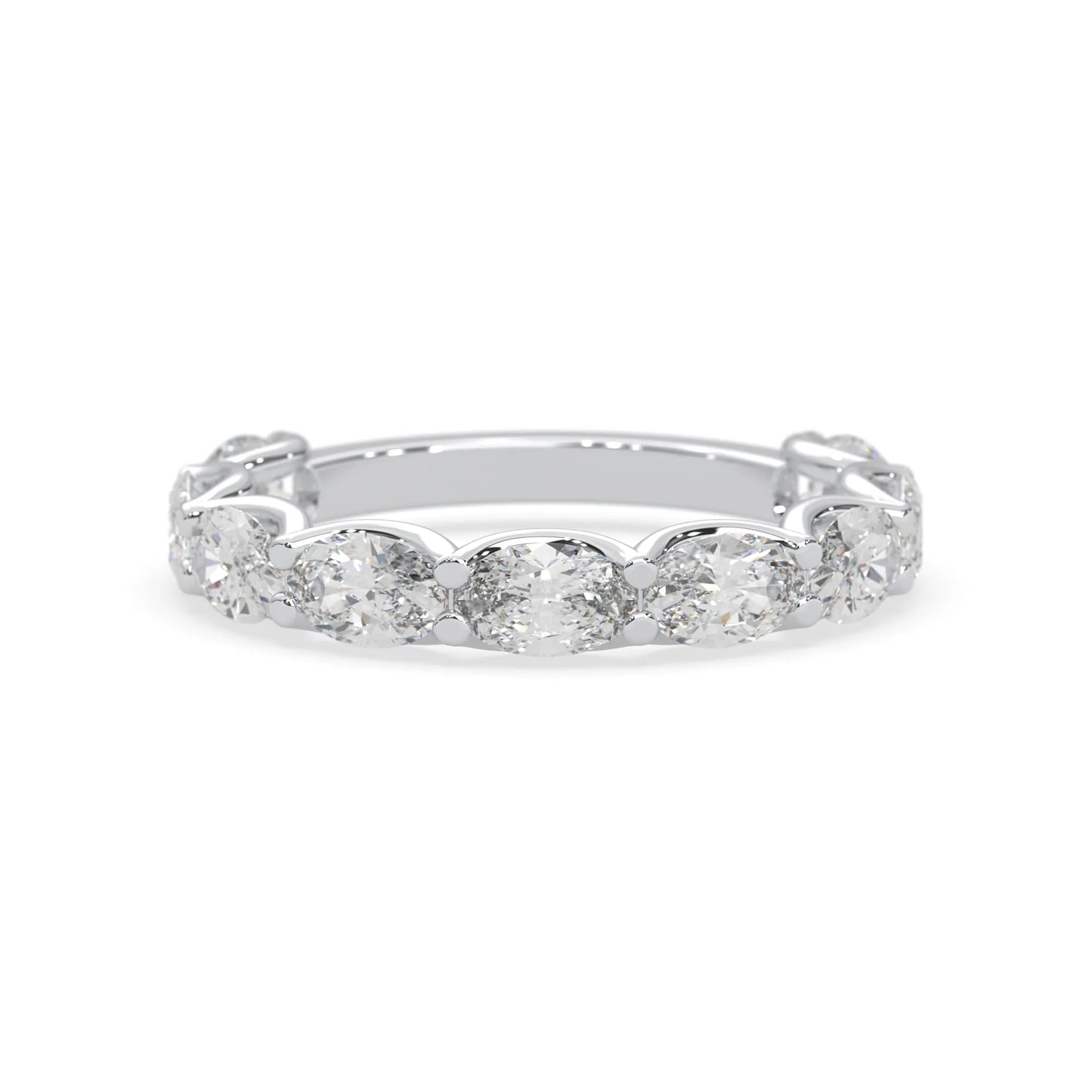 Oval lab grown diamond half eternity wedding band in a selected metal color with shared prong setting in white gold