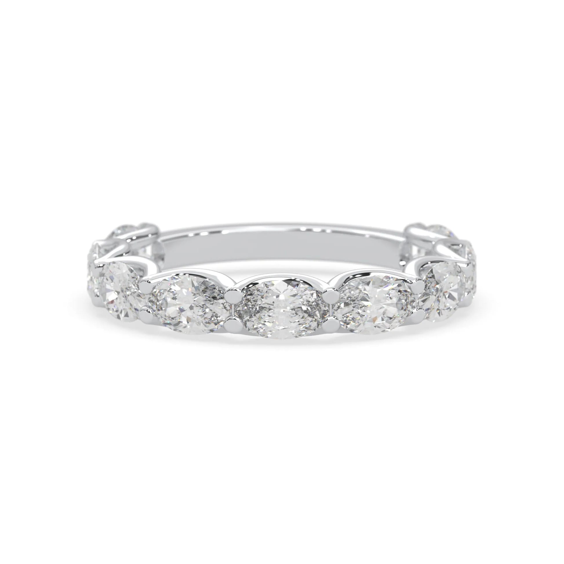 Oval lab grown diamond half eternity wedding band in a selected metal color with shared prong setting in white gold