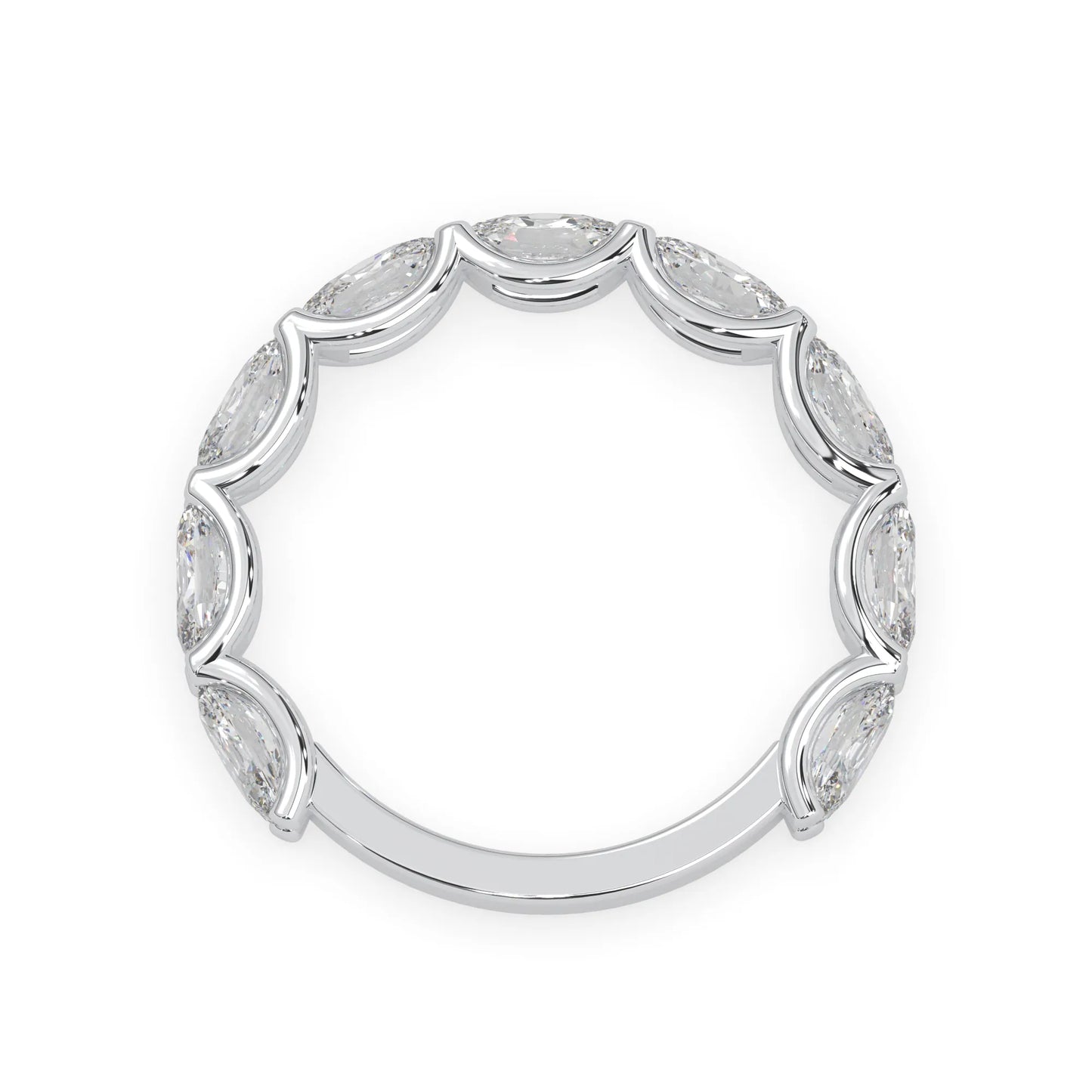 Oval lab grown diamond half eternity wedding band in a selected metal color with shared prong setting in white gold