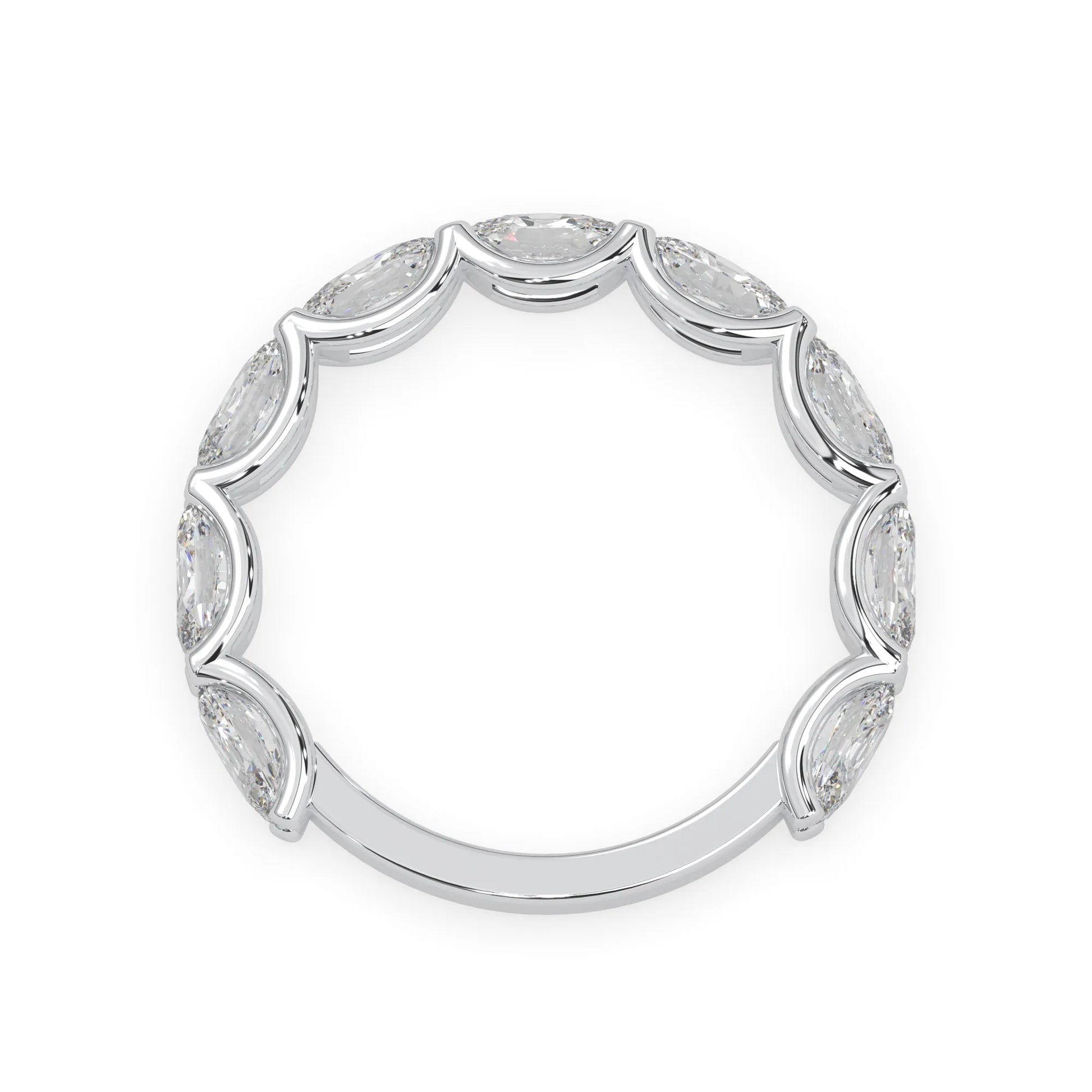 Oval lab grown diamond half eternity wedding band in a selected metal color with shared prong setting in white gold
