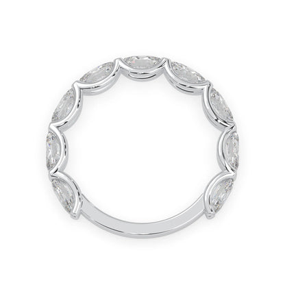Oval lab grown diamond half eternity wedding band in a selected metal color with shared prong setting in white gold