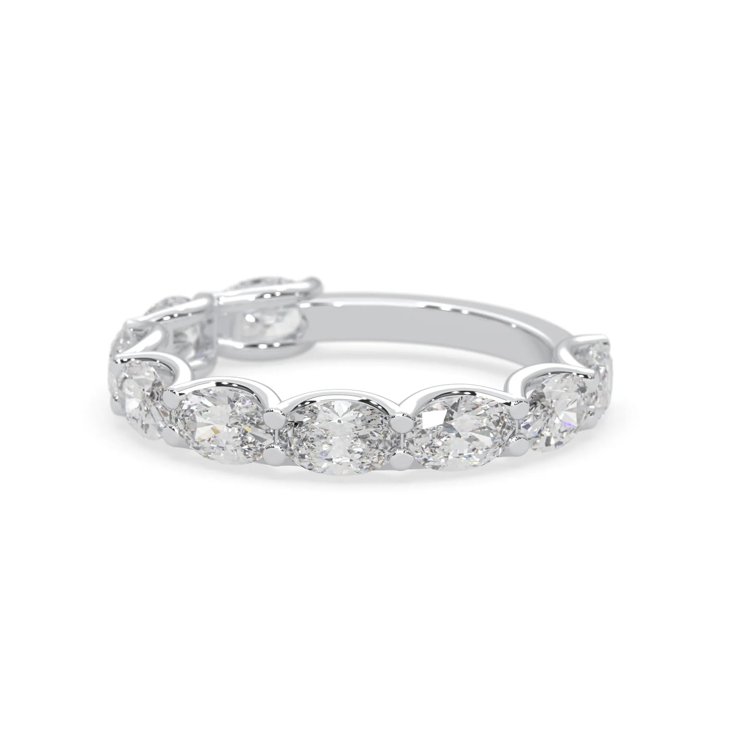 Oval lab grown diamond half eternity wedding band in a selected metal color with shared prong setting in white gold