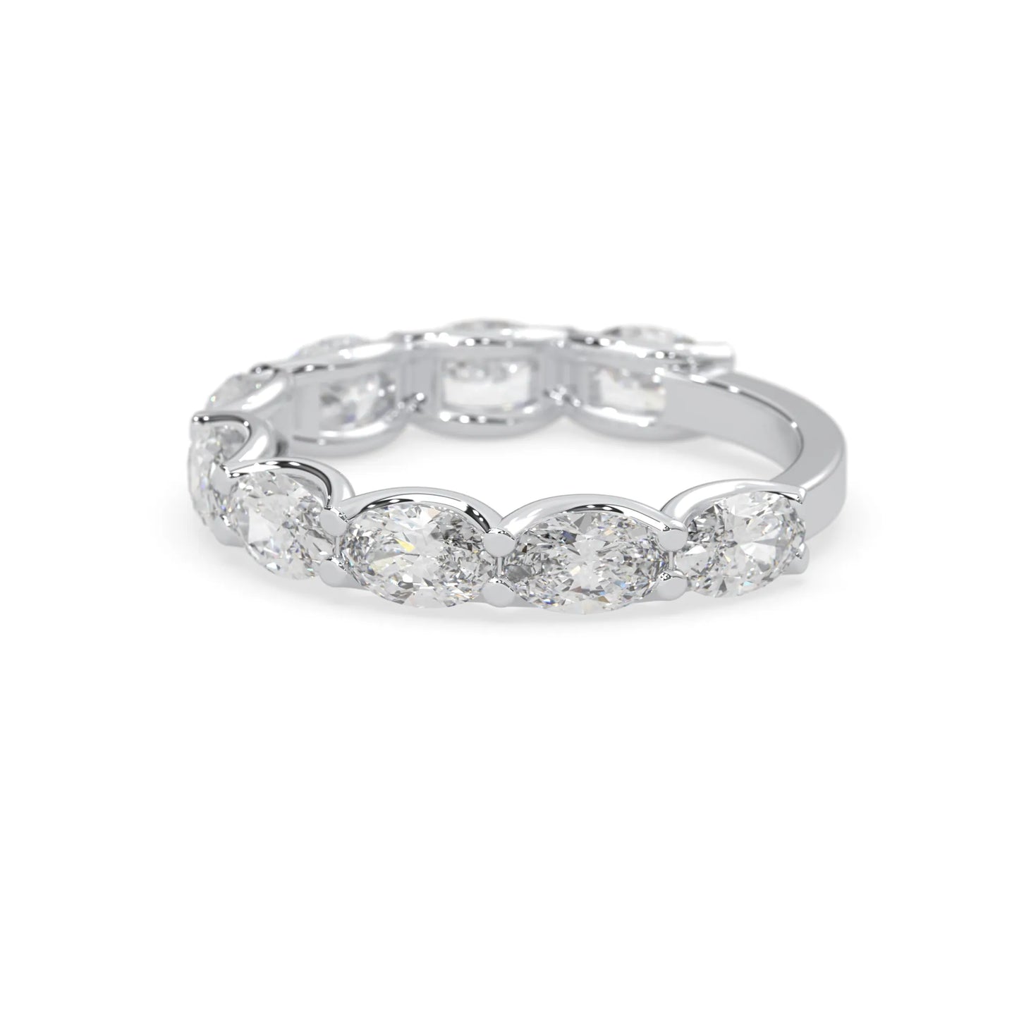 Oval lab grown diamond half eternity wedding band in a selected metal color with shared prong setting in white gold