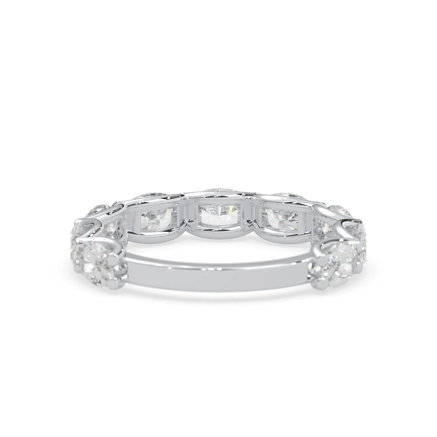 Oval lab grown diamond half eternity wedding band in a selected metal color with shared prong setting in white gold