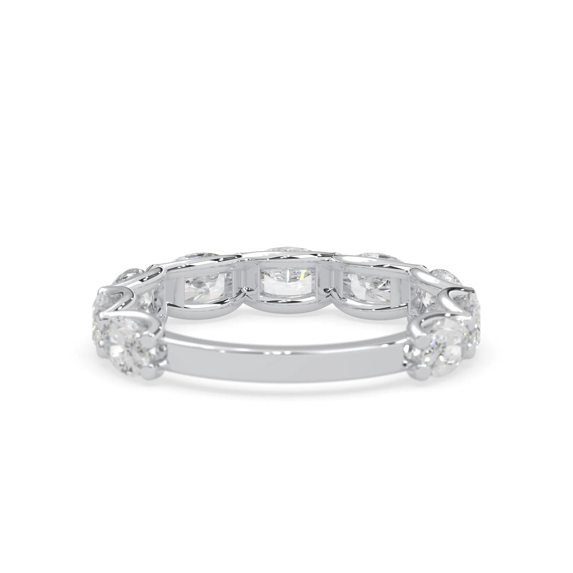 Oval lab grown diamond half eternity wedding band in a selected metal color with shared prong setting in white gold