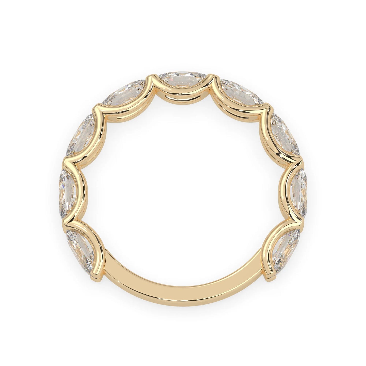 Oval lab grown diamond half eternity wedding band in a selected metal color with shared prong setting in yellow gold