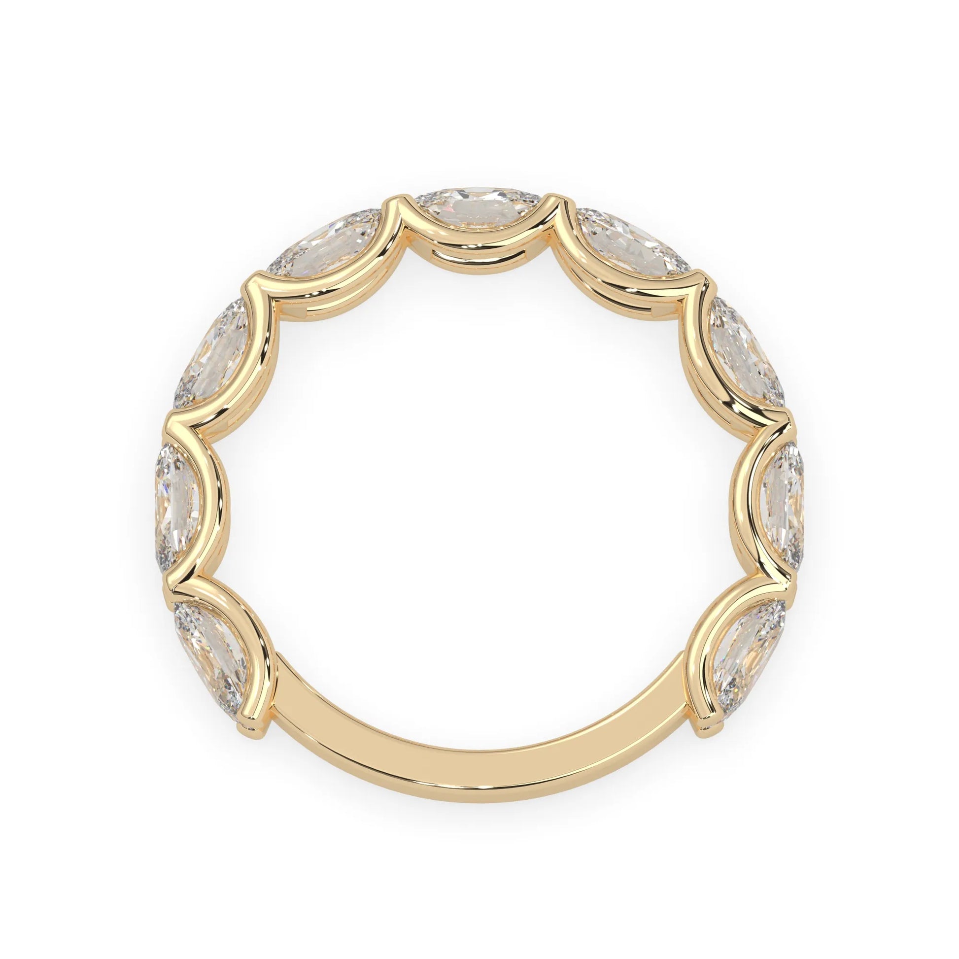 Oval lab grown diamond half eternity wedding band in a selected metal color with shared prong setting in yellow gold