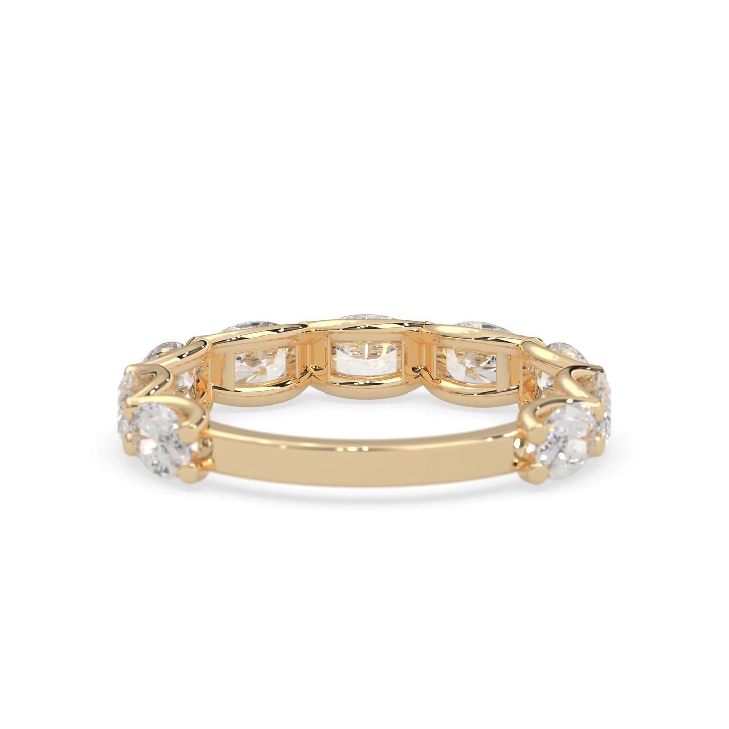 Oval lab grown diamond half eternity wedding band in a selected metal color with shared prong setting in yellow gold