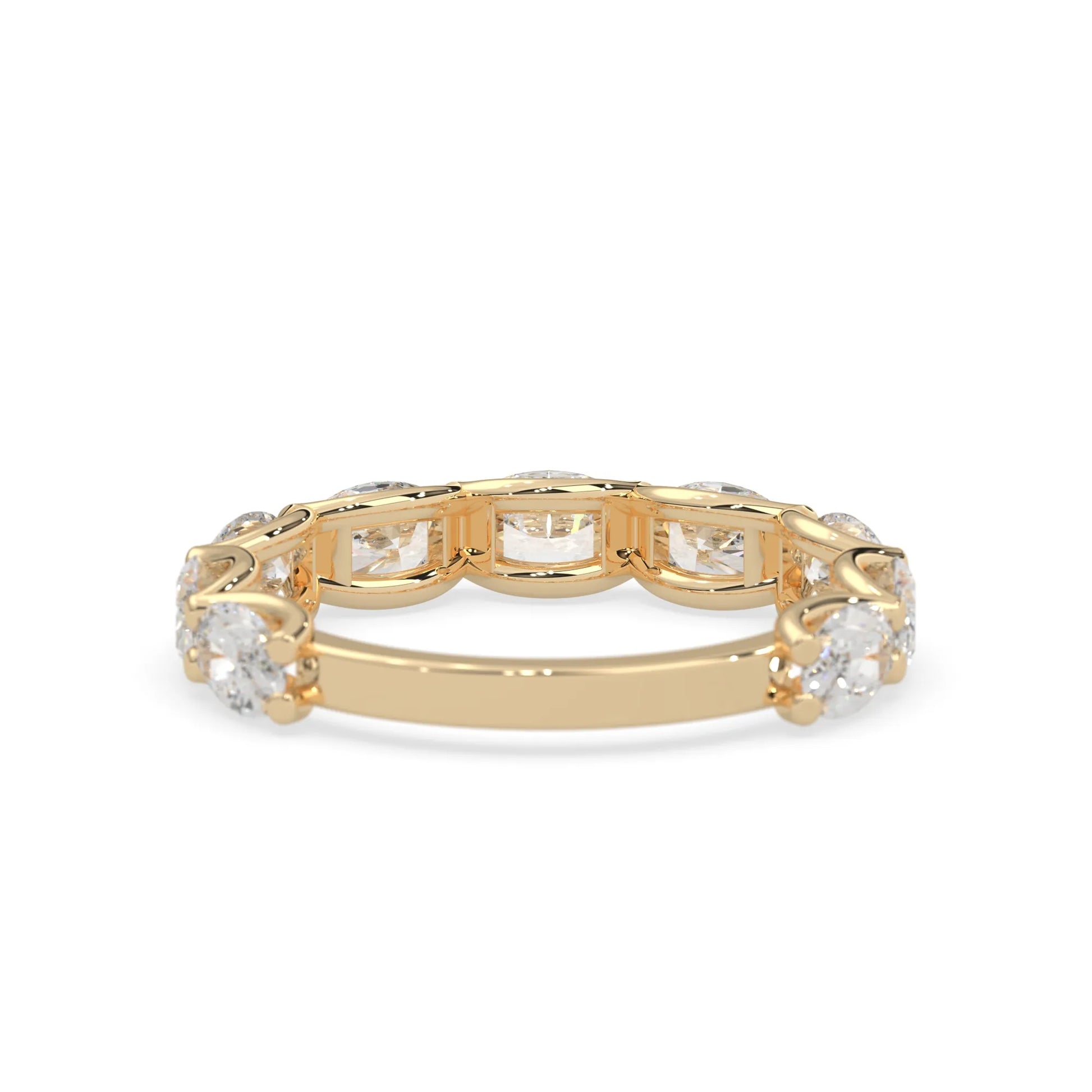 Oval lab grown diamond half eternity wedding band in a selected metal color with shared prong setting in yellow gold