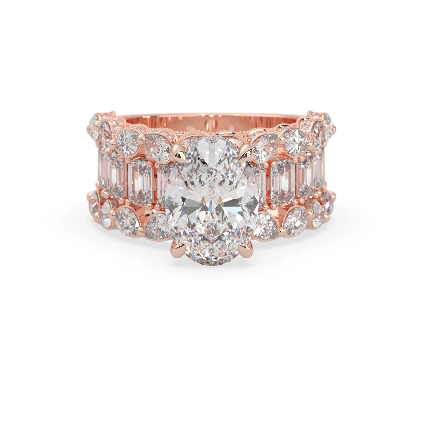 Oval lab grown diamond cocktail ring with emerald, round, and pear diamond accents in rose gold