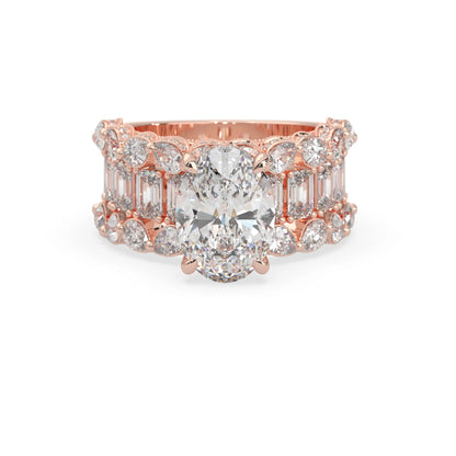 Oval lab grown diamond cocktail ring with emerald, round, and pear diamond accents in rose gold