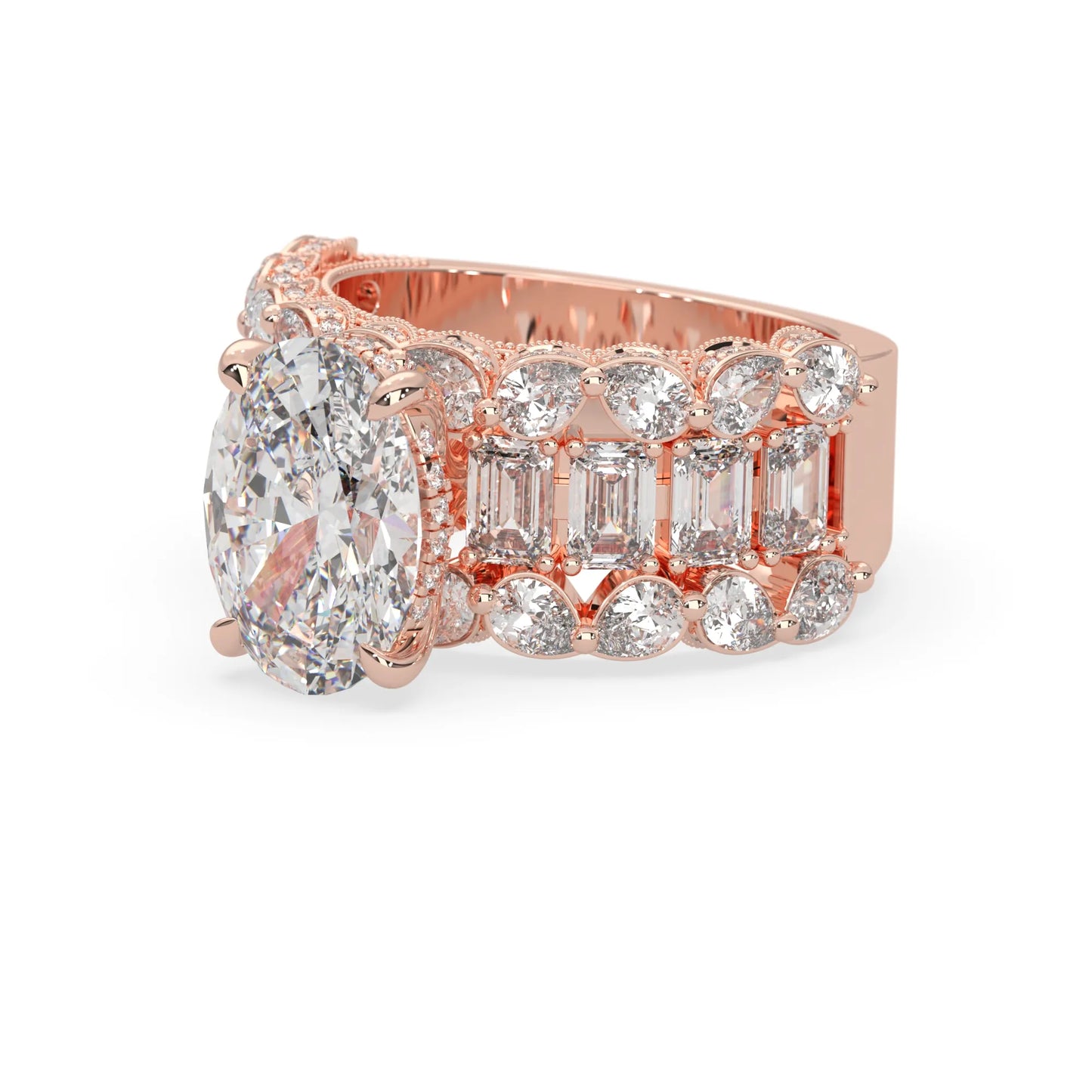 Oval lab grown diamond cocktail ring with emerald, round, and pear diamond accents in rose gold