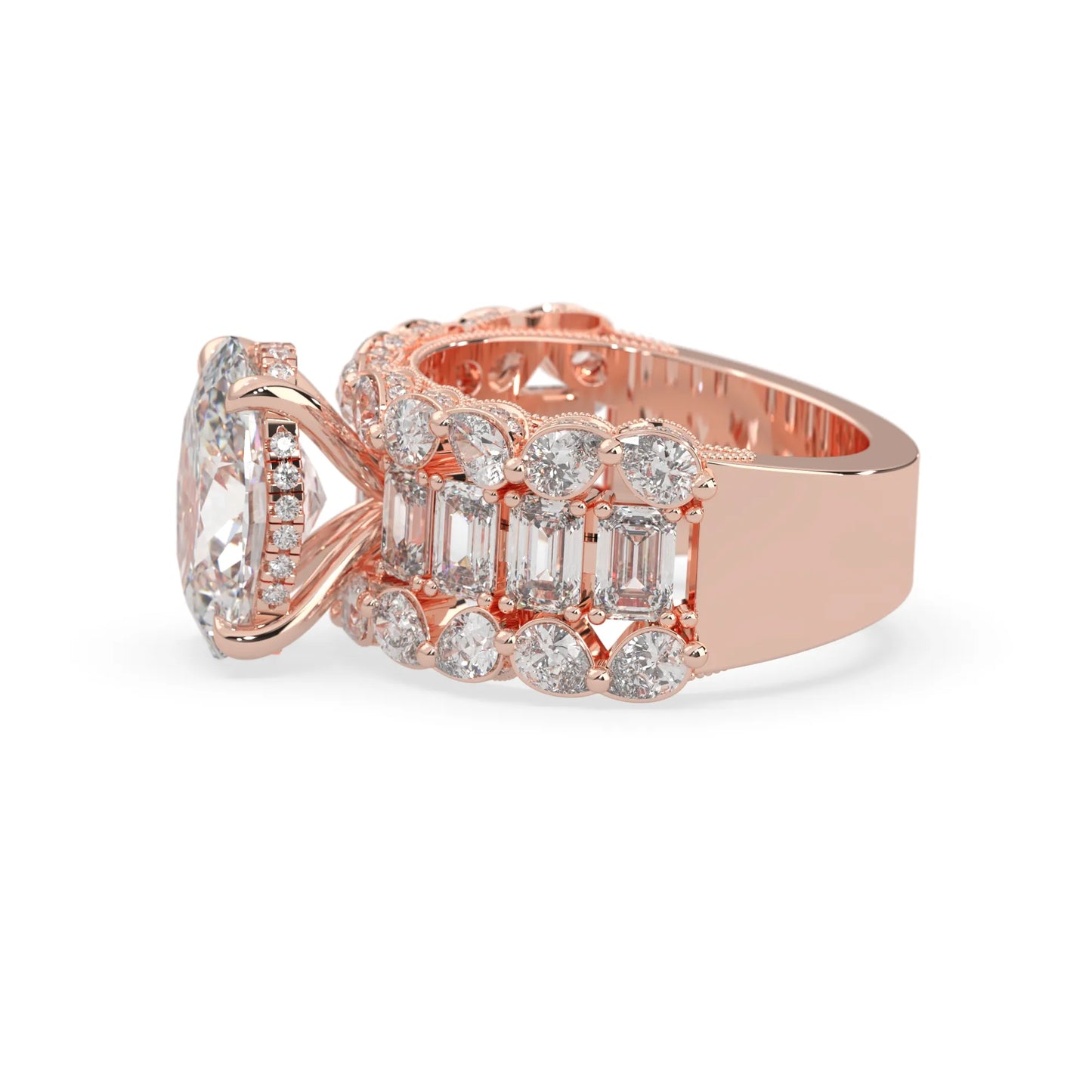 Oval lab grown diamond cocktail ring with emerald, round, and pear diamond accents in rose gold