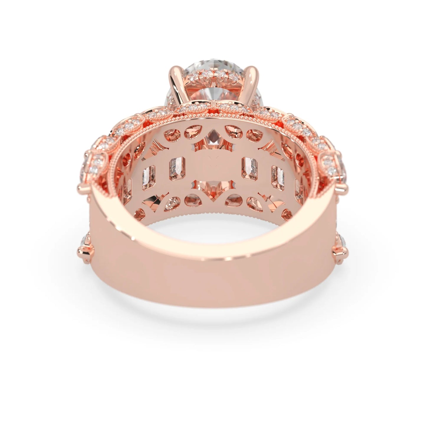 Oval lab grown diamond cocktail ring with emerald, round, and pear diamond accents in rose gold