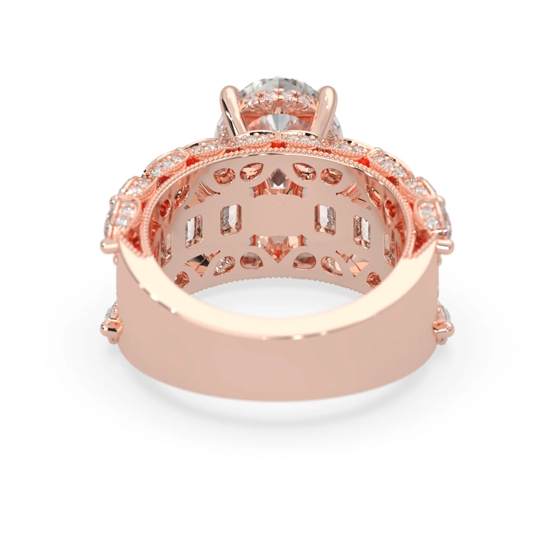Oval lab grown diamond cocktail ring with emerald, round, and pear diamond accents in rose gold
