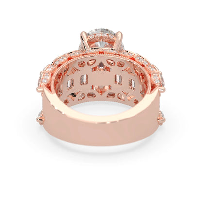 Oval lab grown diamond cocktail ring with emerald, round, and pear diamond accents in rose gold