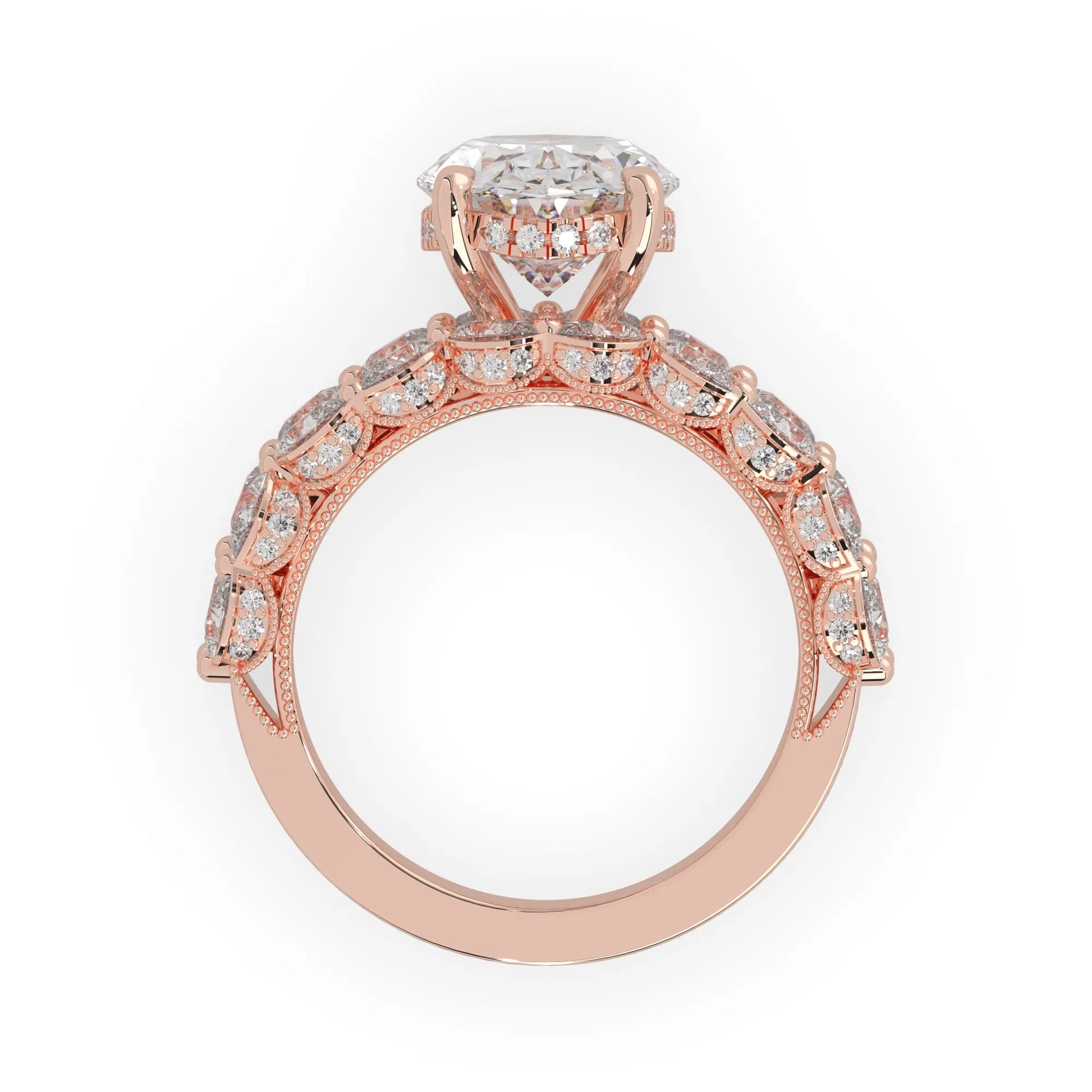 Oval lab grown diamond cocktail ring with emerald, round, and pear diamond accents in rose gold