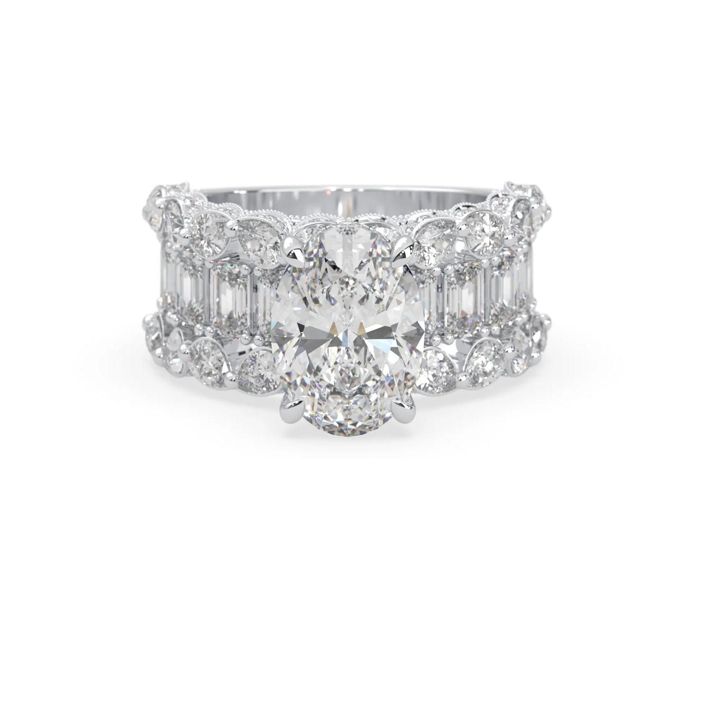 Oval lab grown diamond cocktail ring with emerald, round, and pear diamond accents in white gold