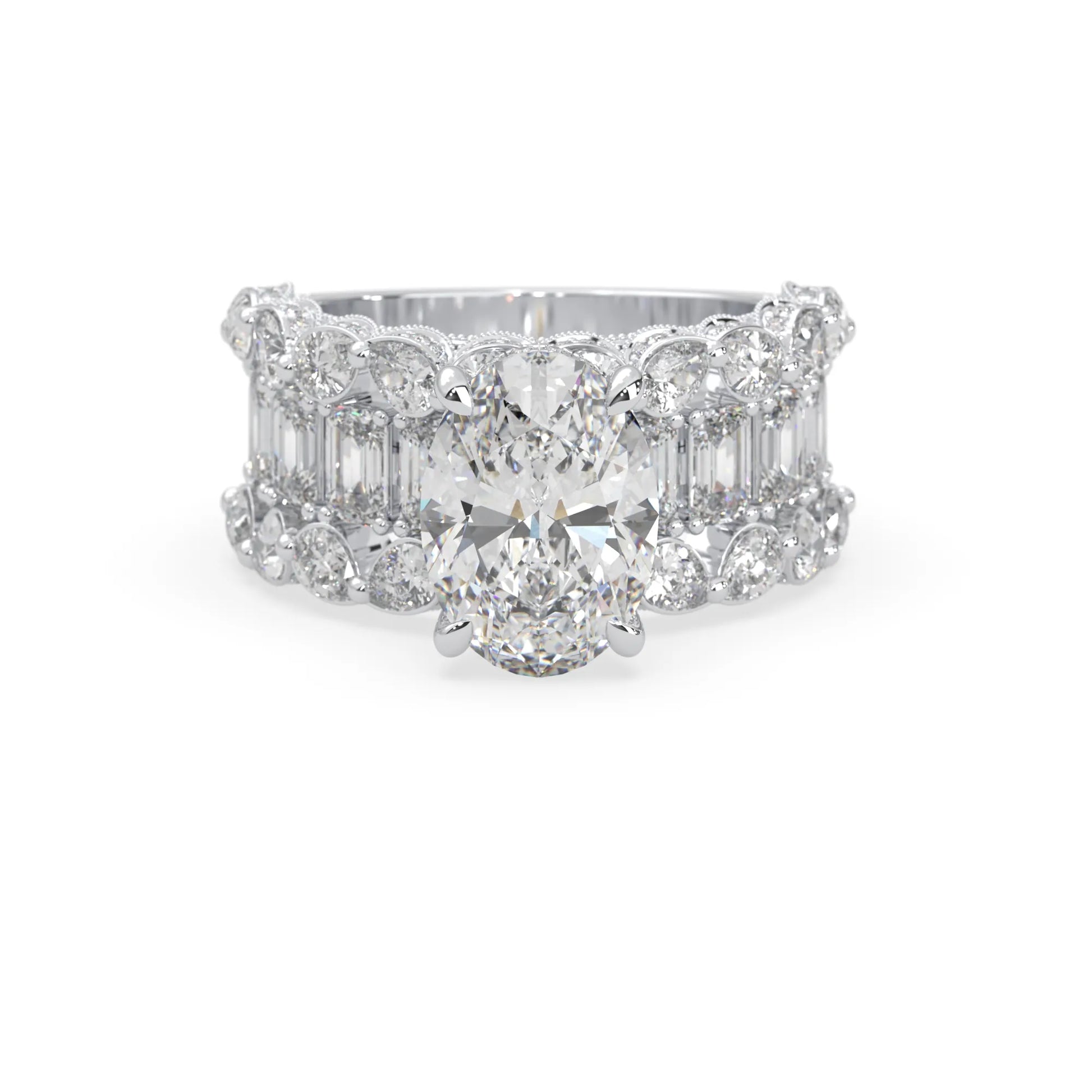 Oval lab grown diamond cocktail ring with emerald, round, and pear diamond accents in white gold