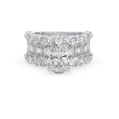 Oval lab grown diamond cocktail ring with emerald, round, and pear diamond accents in white gold