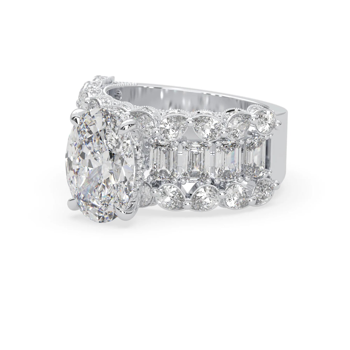 Oval lab grown diamond cocktail ring with emerald, round, and pear diamond accents in white gold