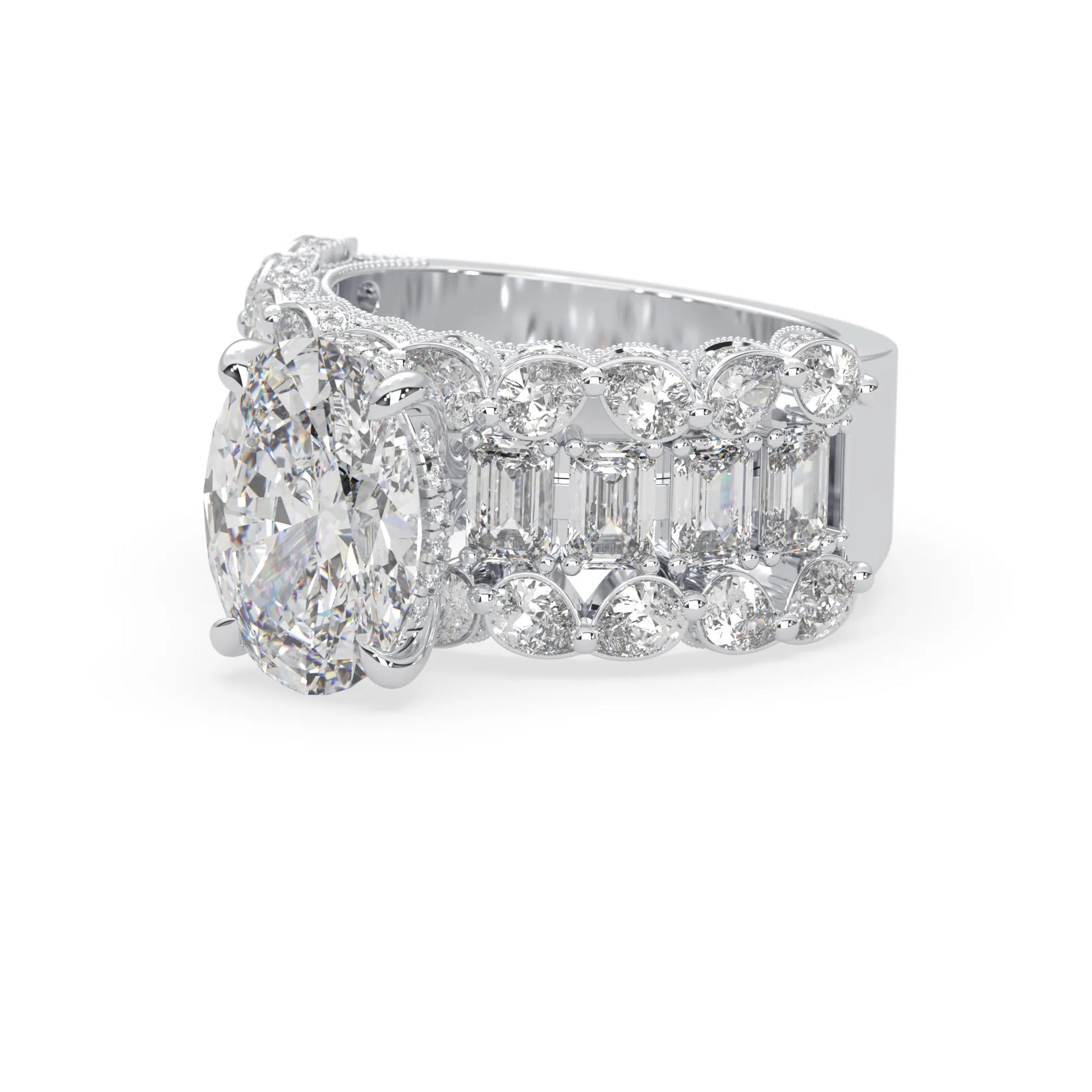Oval lab grown diamond cocktail ring with emerald, round, and pear diamond accents in white gold