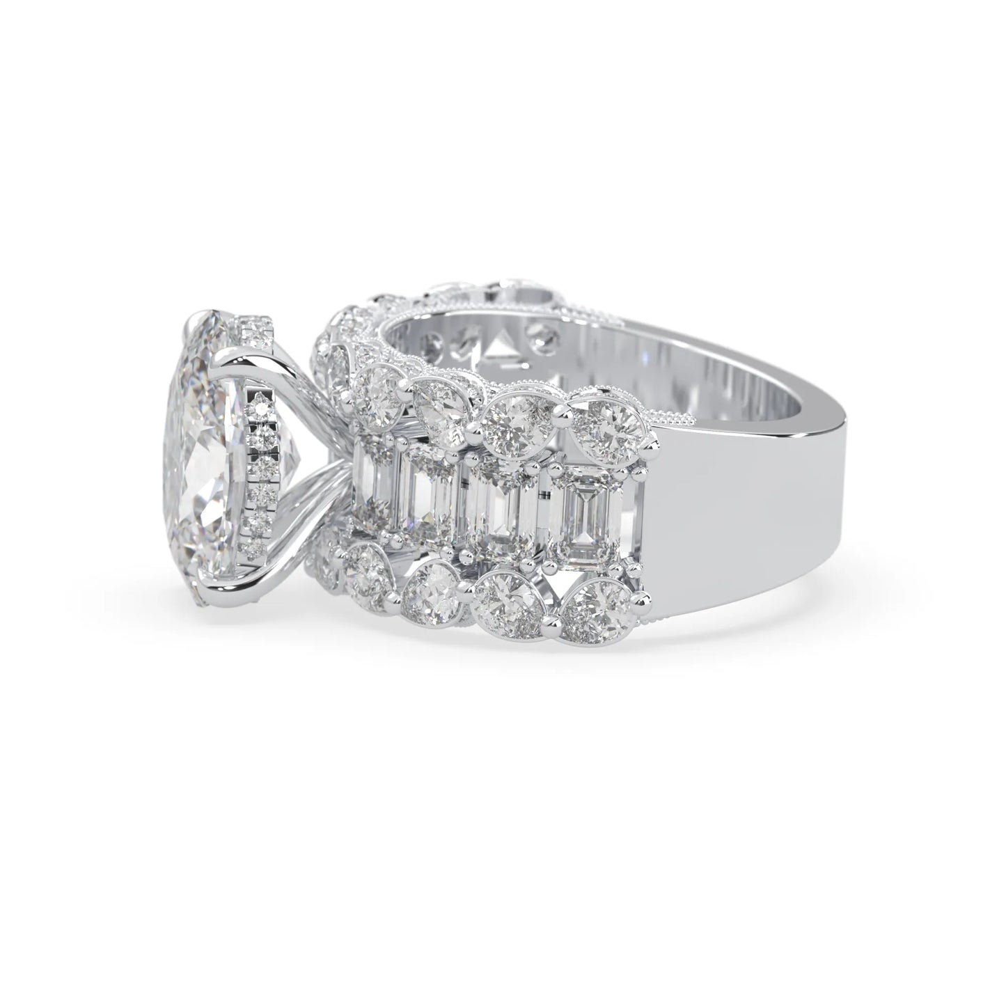Oval lab grown diamond cocktail ring with emerald, round, and pear diamond accents in white gold