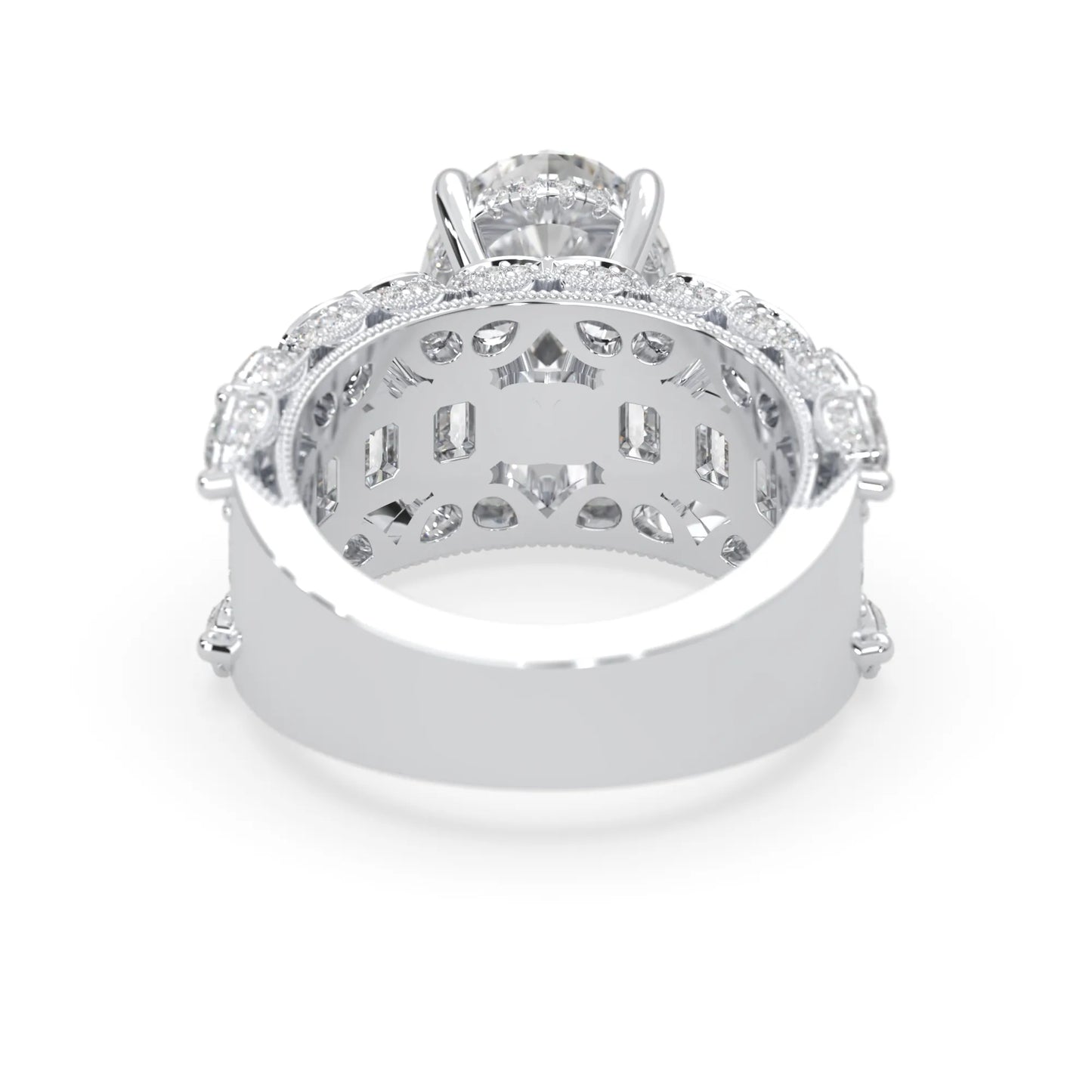 Oval lab grown diamond cocktail ring with emerald, round, and pear diamond accents in white gold