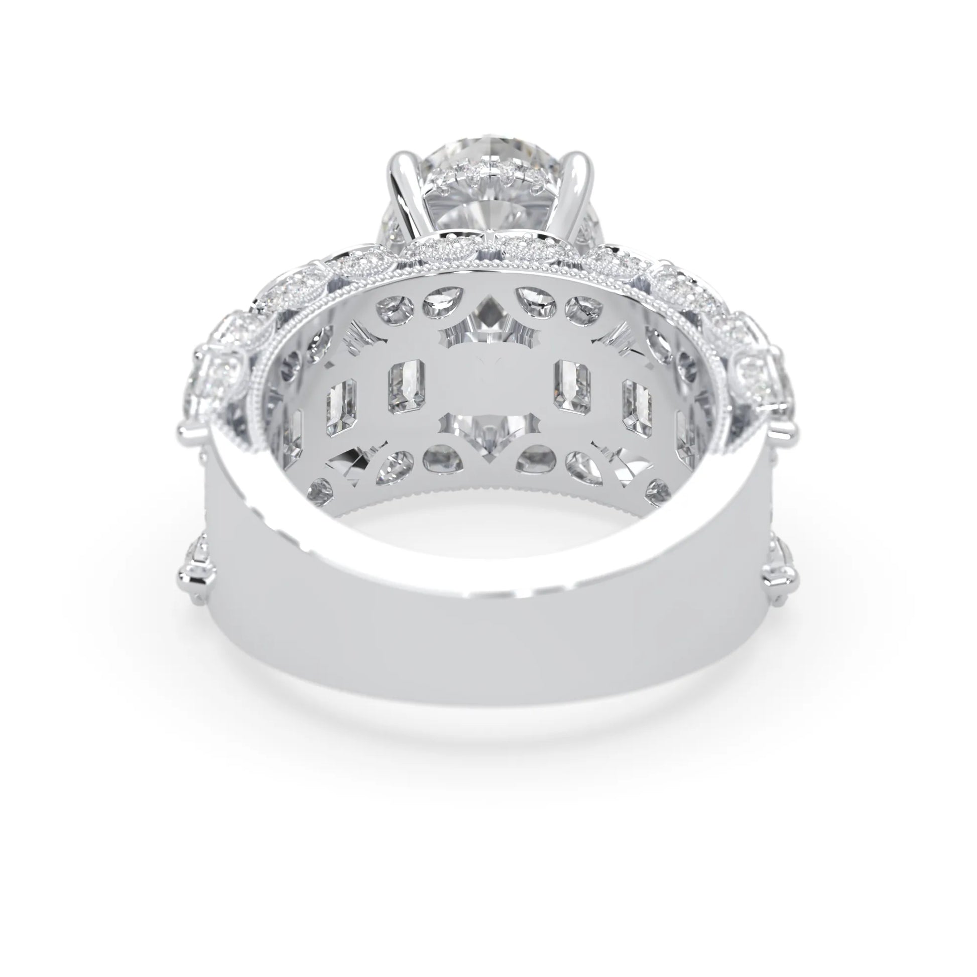 Oval lab grown diamond cocktail ring with emerald, round, and pear diamond accents in white gold