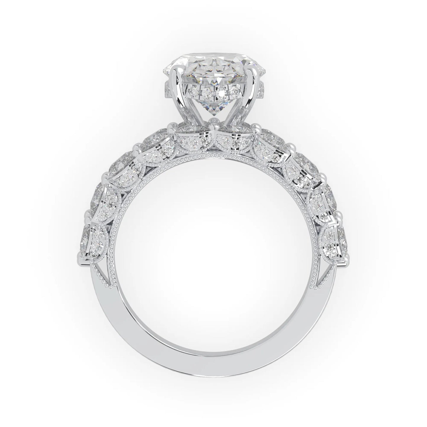 Oval lab grown diamond cocktail ring with emerald, round, and pear diamond accents in white gold