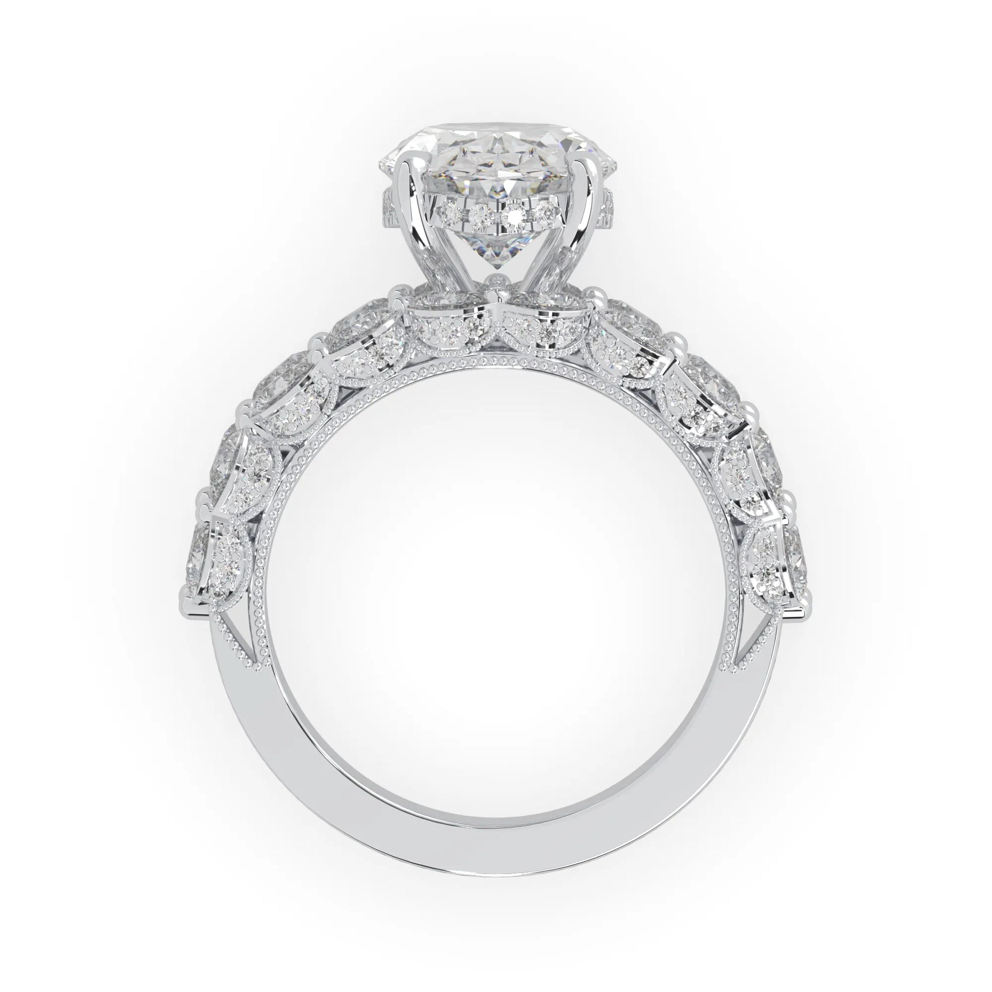 Oval lab grown diamond cocktail ring with emerald, round, and pear diamond accents in white gold