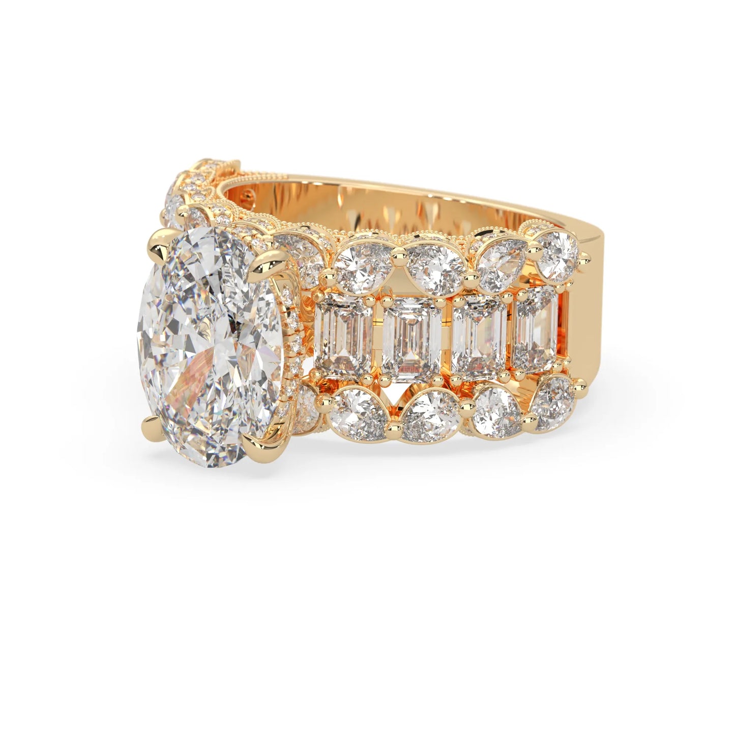 Oval lab grown diamond cocktail ring with emerald, round, and pear diamond accents in yellow gold