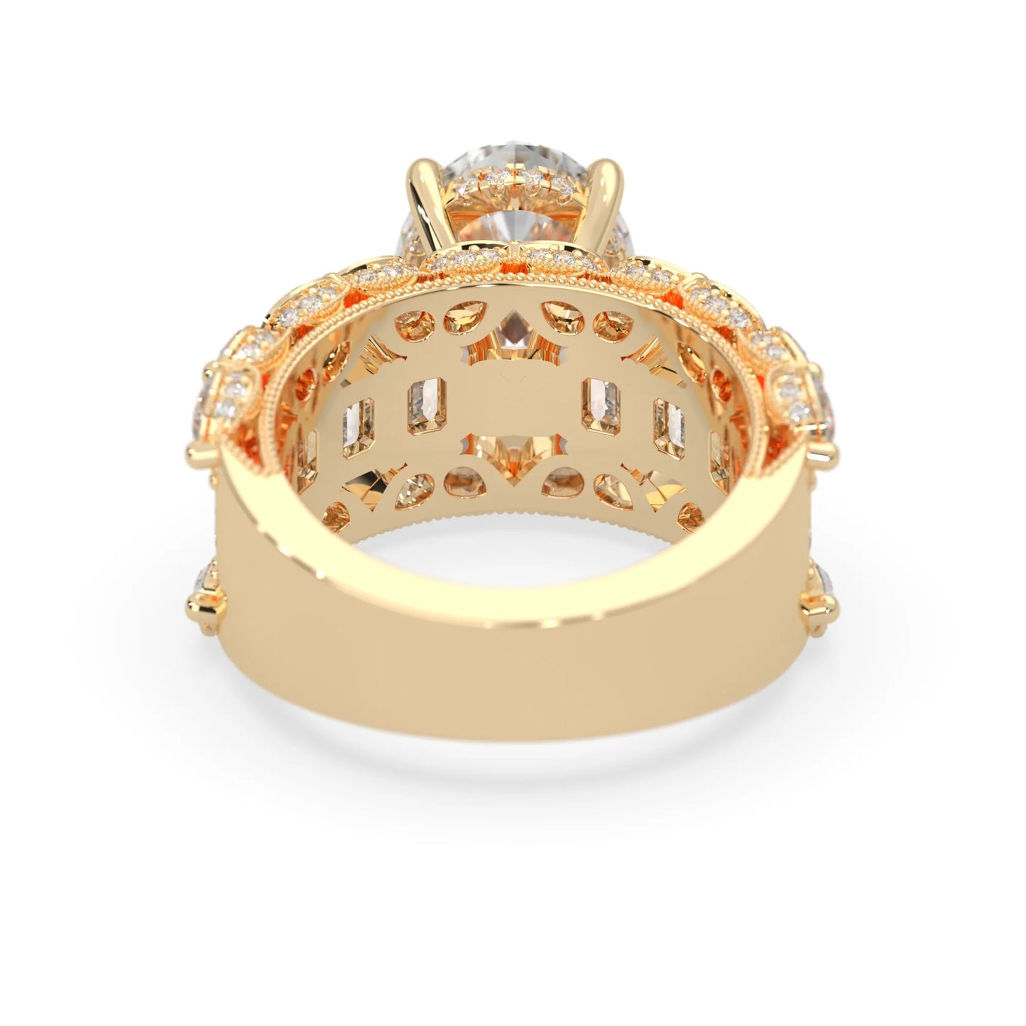 Oval lab grown diamond cocktail ring with emerald, round, and pear diamond accents in yellow gold