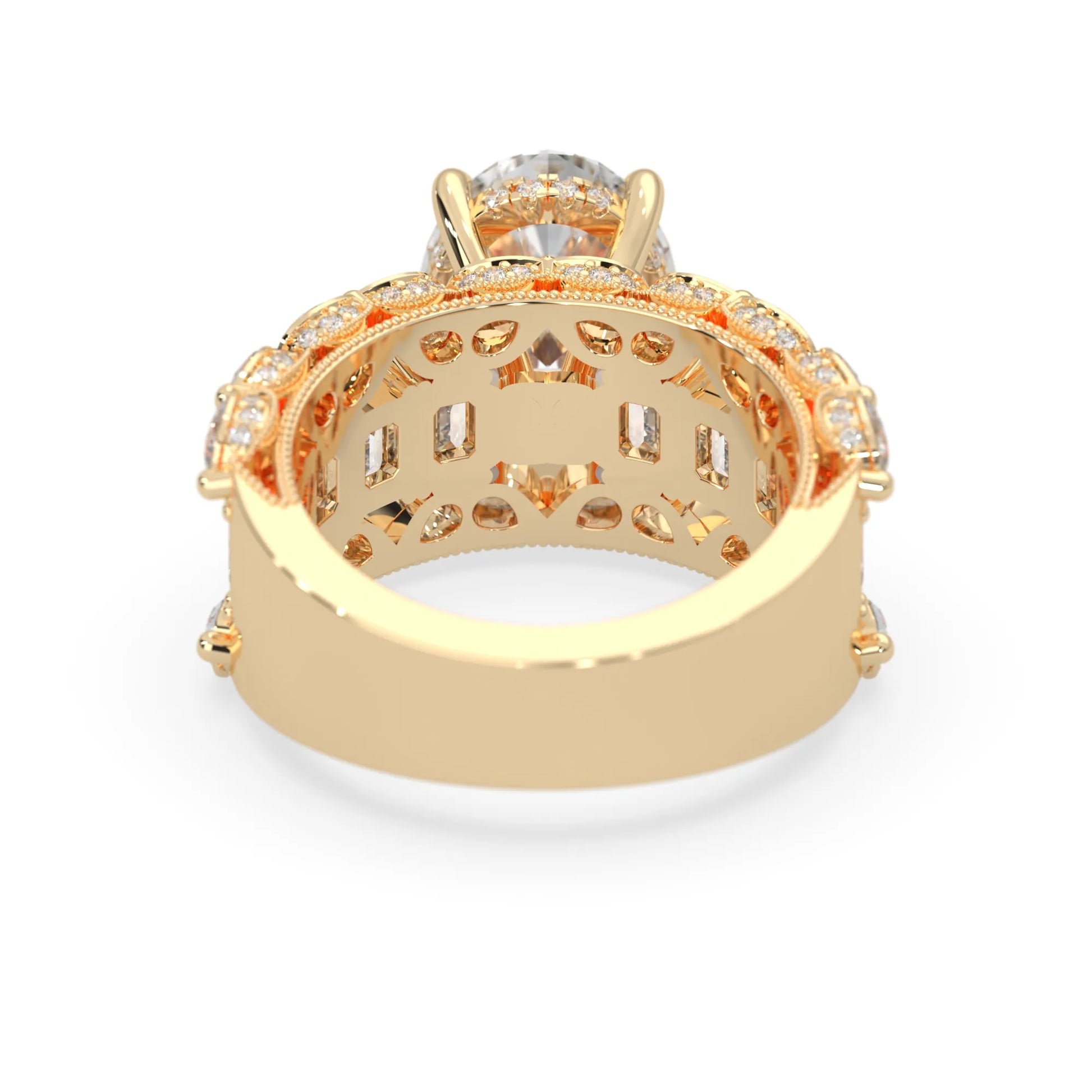 Oval lab grown diamond cocktail ring with emerald, round, and pear diamond accents in yellow gold