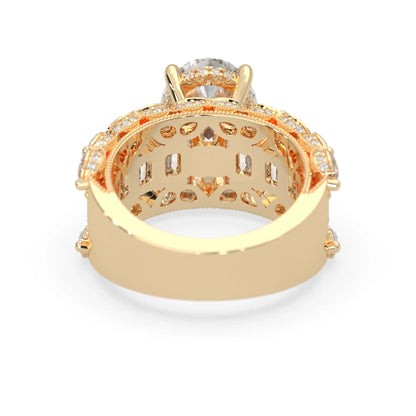 Oval lab grown diamond cocktail ring with emerald, round, and pear diamond accents in yellow gold