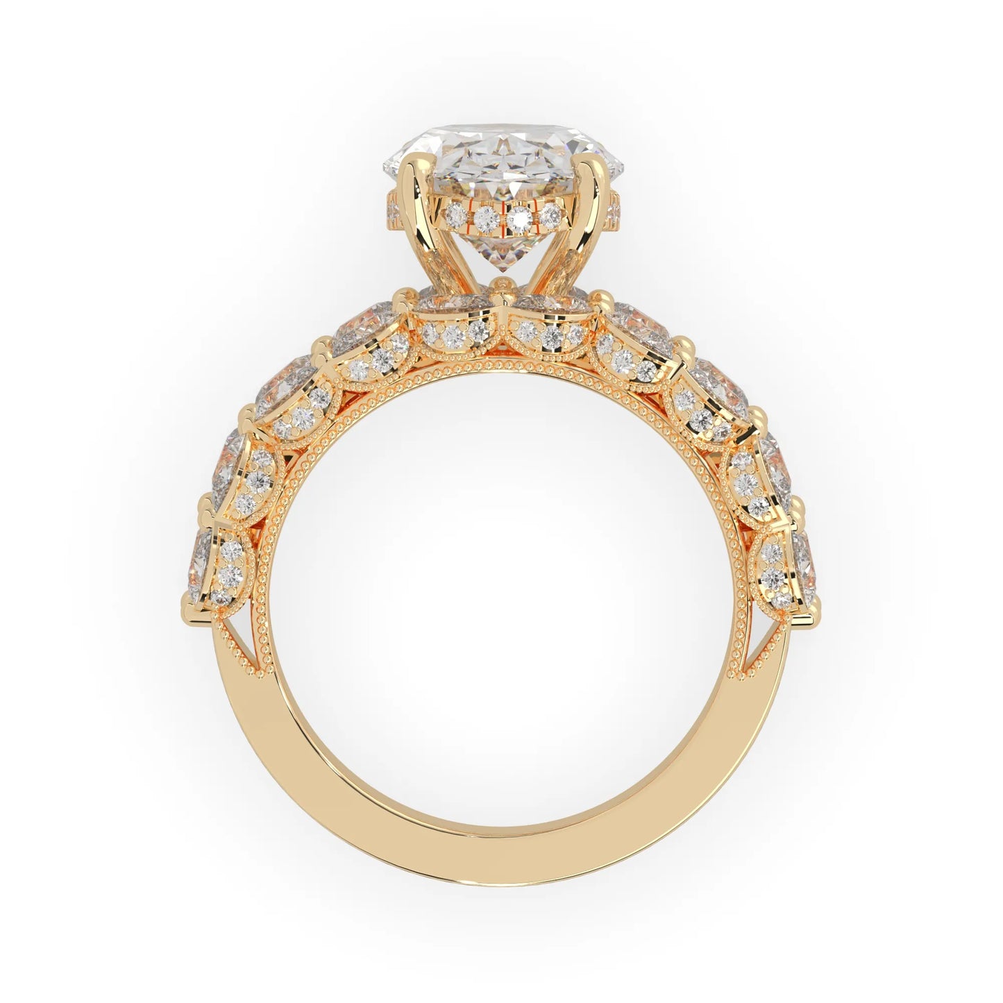 Oval lab grown diamond cocktail ring with emerald, round, and pear diamond accents in yellow gold
