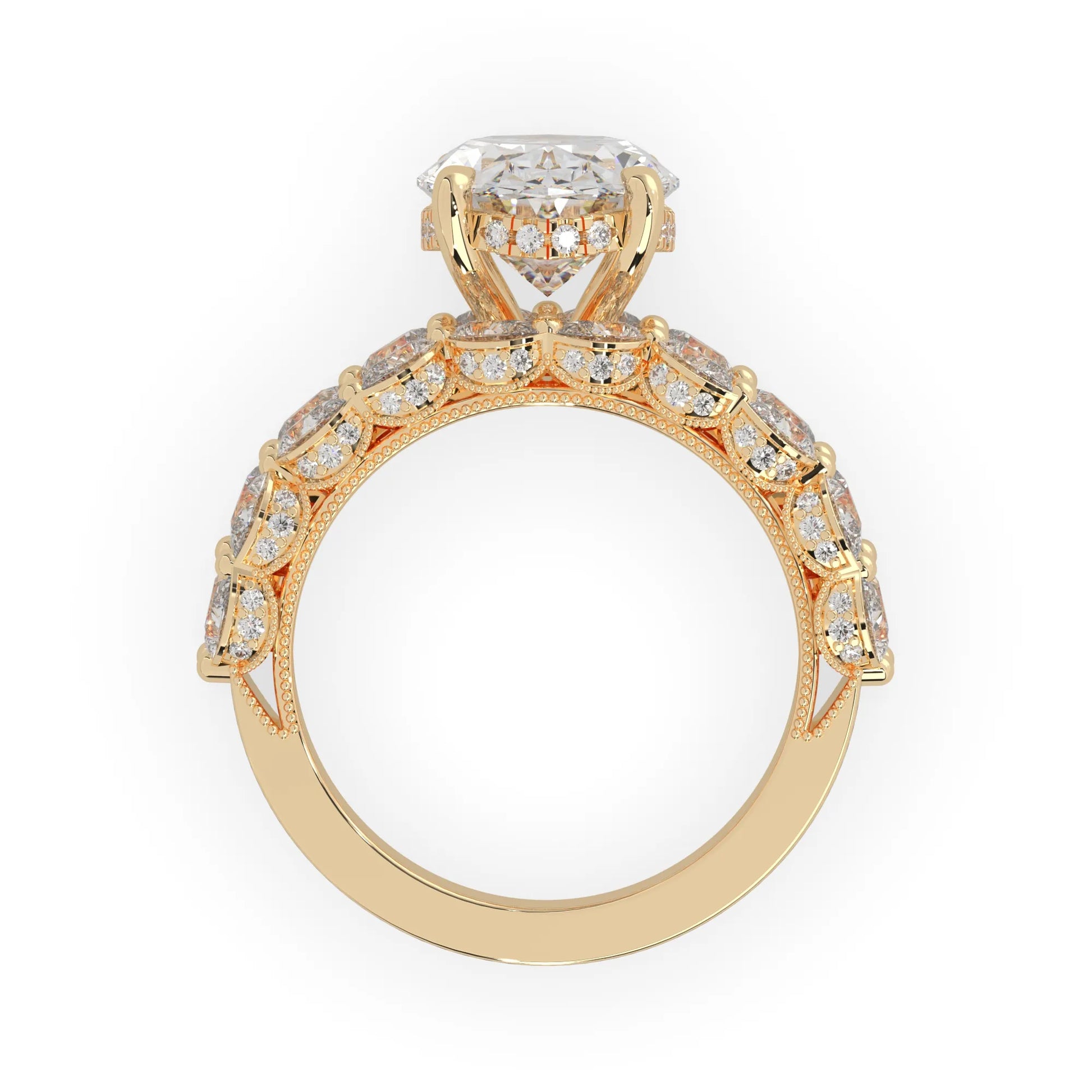 Oval lab grown diamond cocktail ring with emerald, round, and pear diamond accents in yellow gold