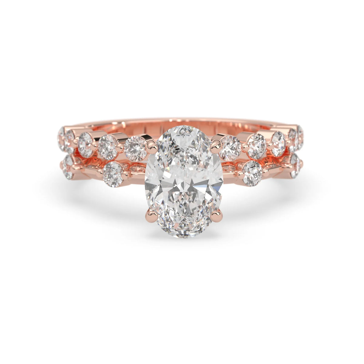 oval lab grown diamond pave wedding bridal ring set with sparkling round diamonds along the band in rose gold