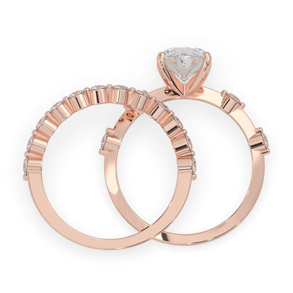 oval lab grown diamond pave wedding bridal ring set with sparkling round diamonds along the band in rose gold