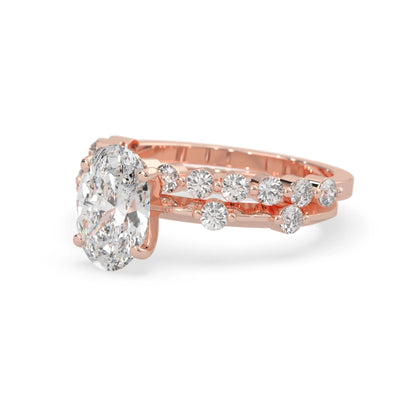 oval lab grown diamond pave wedding bridal ring set with sparkling round diamonds along the band in rose gold