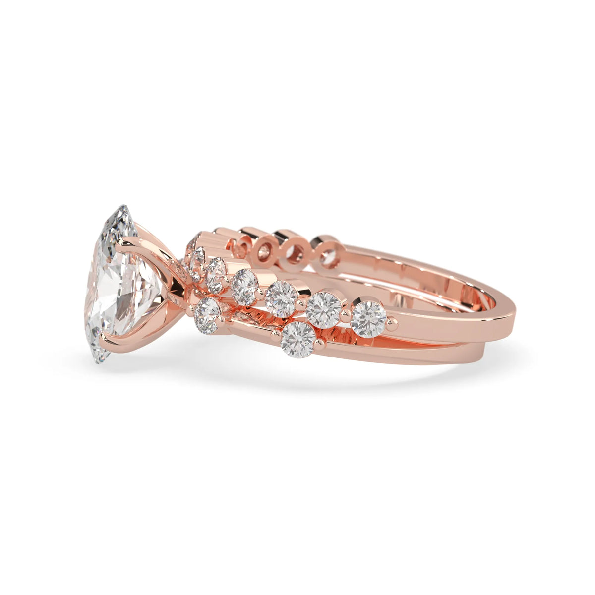 oval lab grown diamond pave wedding bridal ring set with sparkling round diamonds along the band in rose gold