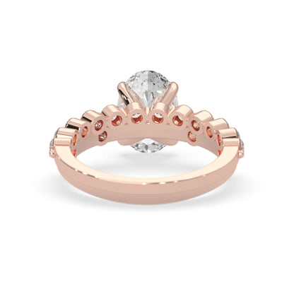oval lab grown diamond pave wedding bridal ring set with sparkling round diamonds along the band in rose gold