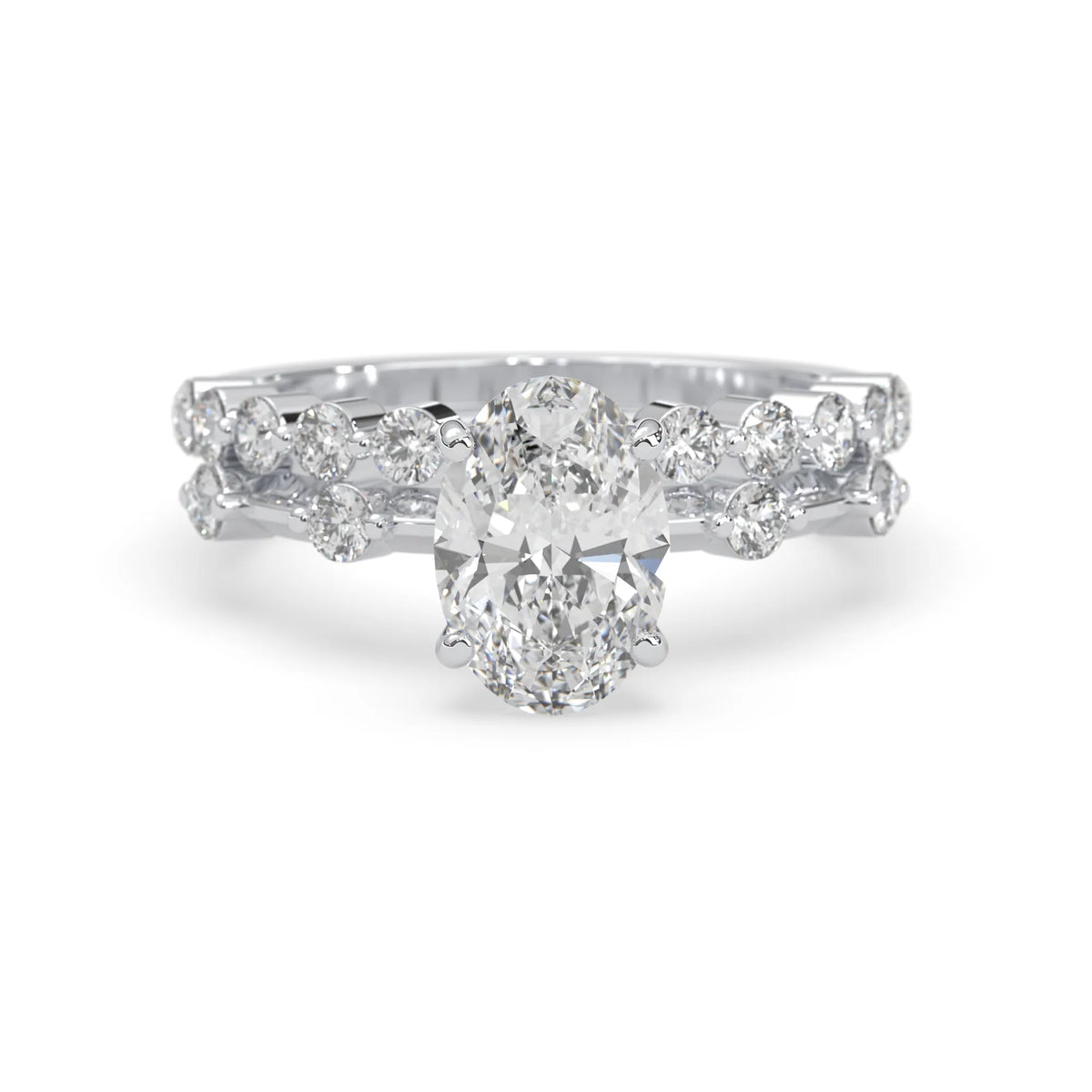 oval lab grown diamond pave wedding bridal ring set with sparkling round diamonds along the band in white gold